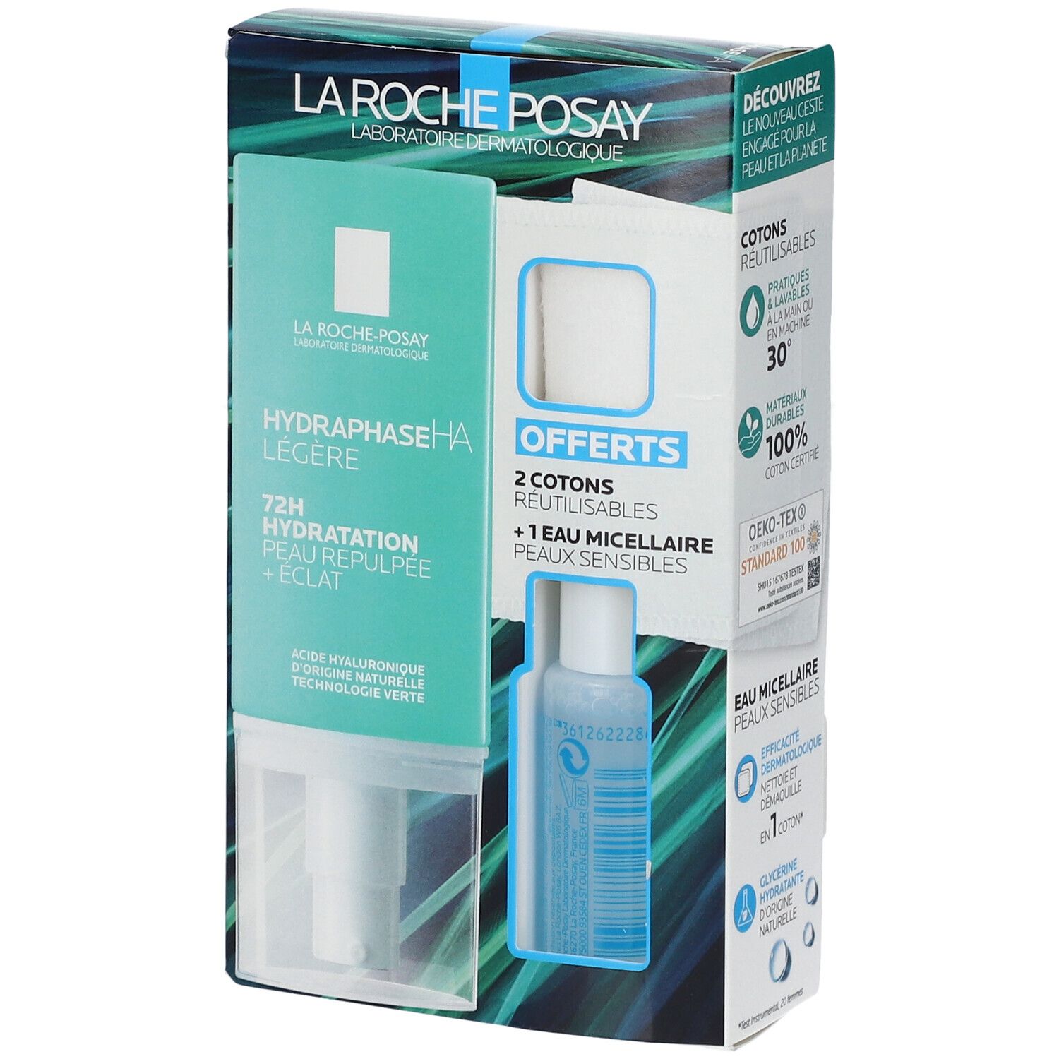 Coffret LA ROCHE POSAY HYDRAPHASE HA Légère, eau micellaire, et cotons réutilisables. Texte: 72H Hydratation Peau Repulpée + Éclat.