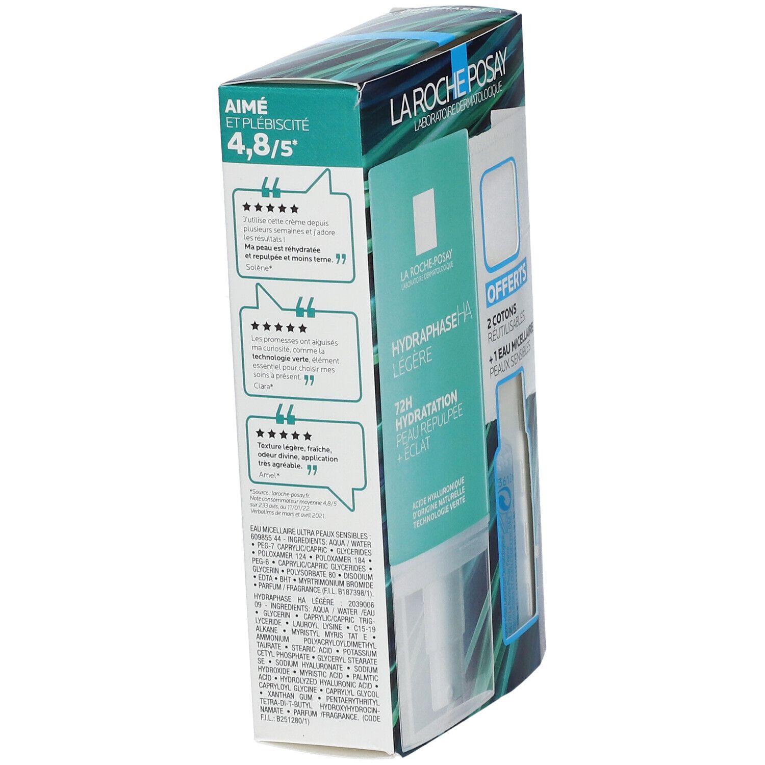 Boîte LA ROCHE POSAY. Texte: HYDRAPHASE HA Légère, 72H Hydratation. Sur le côté: avis clients. En haut: logo LA ROCHE POSAY.
