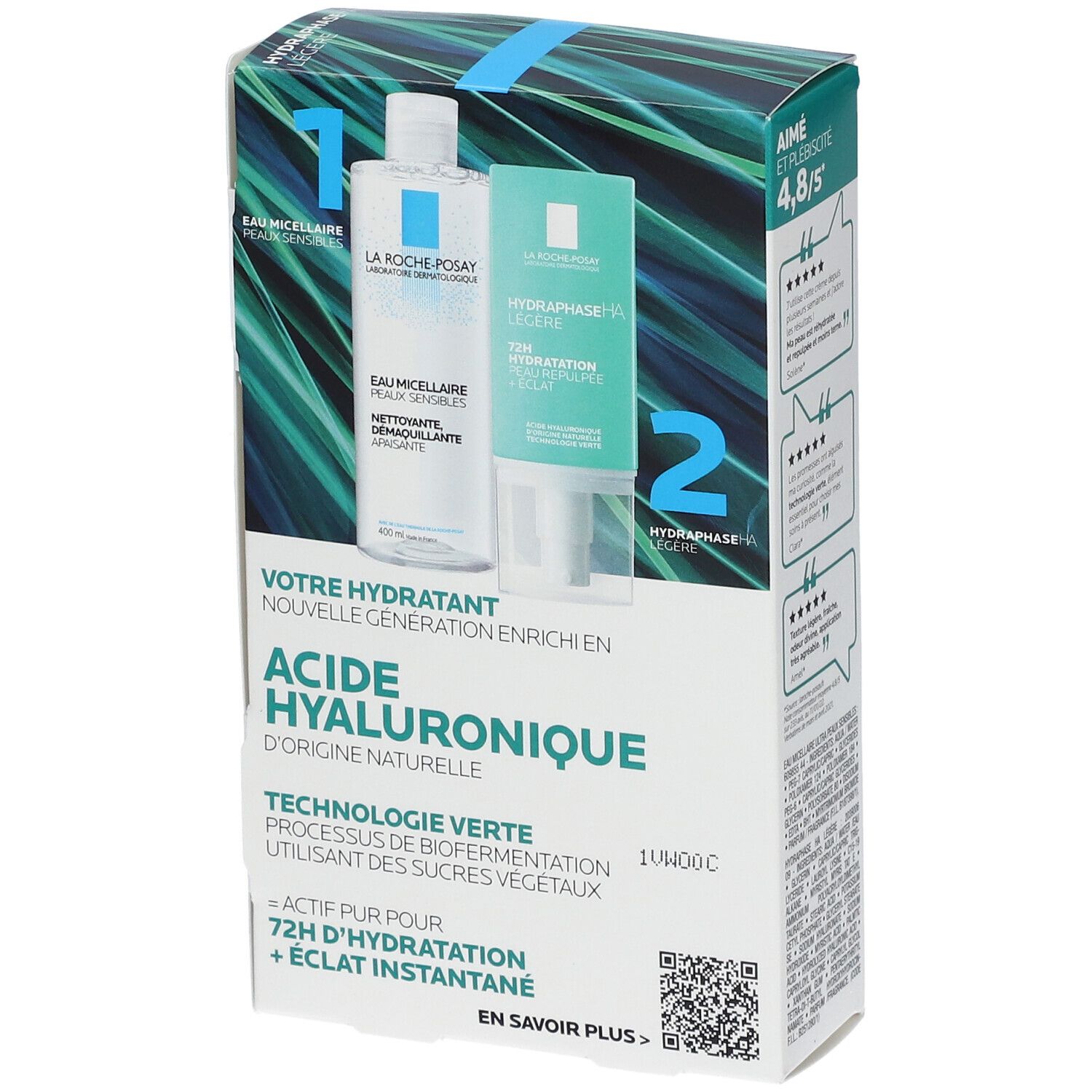 Boîte LA ROCHE POSAY. Produits: HYDRAPHASE HA Légère et eau micellaire. Texte: Acide Hyaluronique, Technologie Verte. Évaluation: 4,8/5.