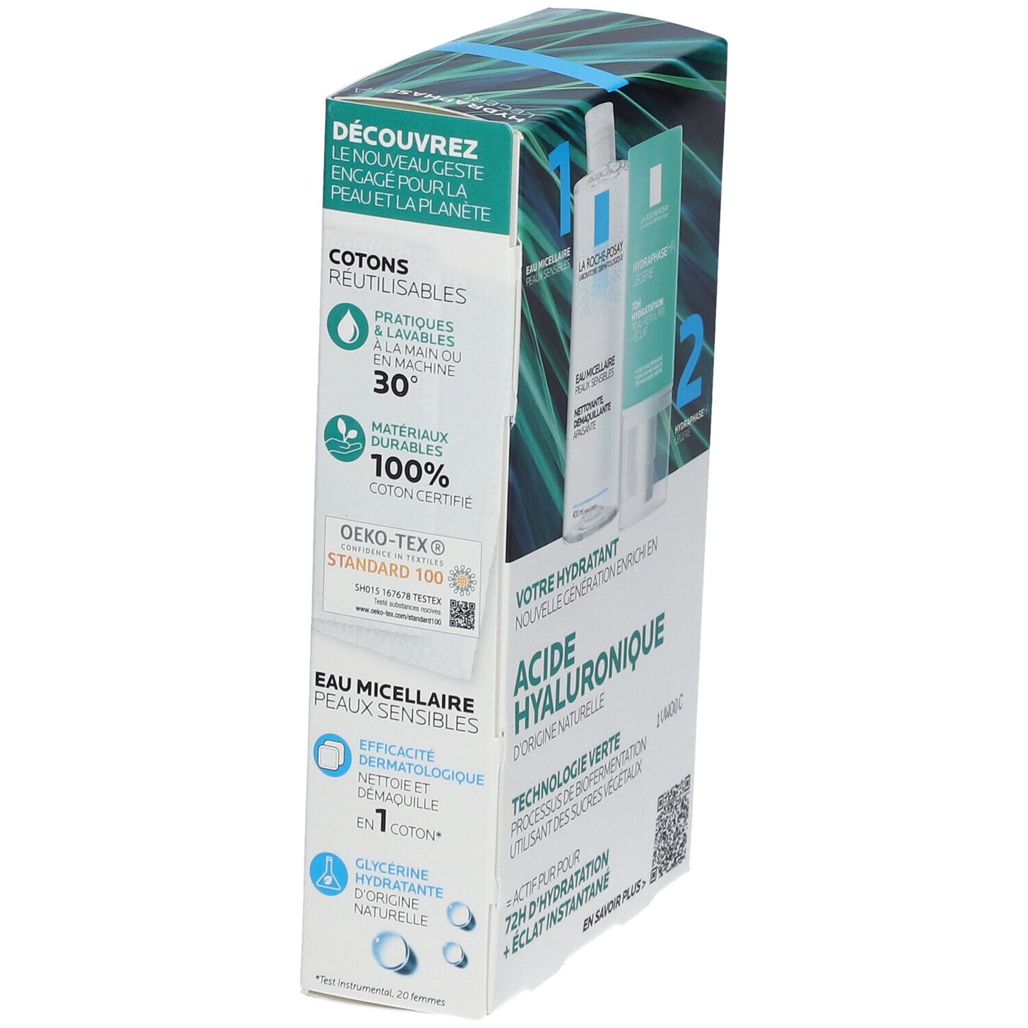 Boîte LA ROCHE POSAY. Produits: HYDRAPHASE HA Légère et eau micellaire. Texte: Acide Hyaluronique, Technologie Verte. Oeko-Tex Standard 100.
