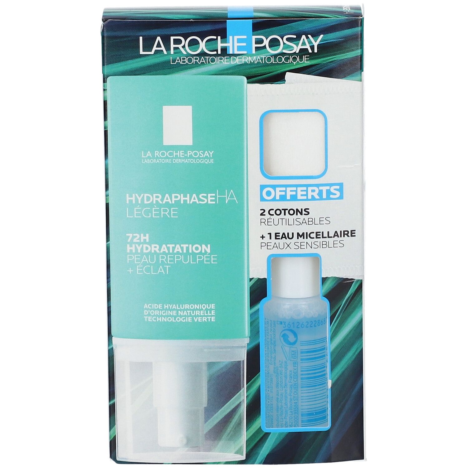 Boîte LA ROCHE POSAY. Produits: HYDRAPHASE HA Légère, eau micellaire et cotons. Texte: 72H Hydratation Peau Repulpée + Éclat.