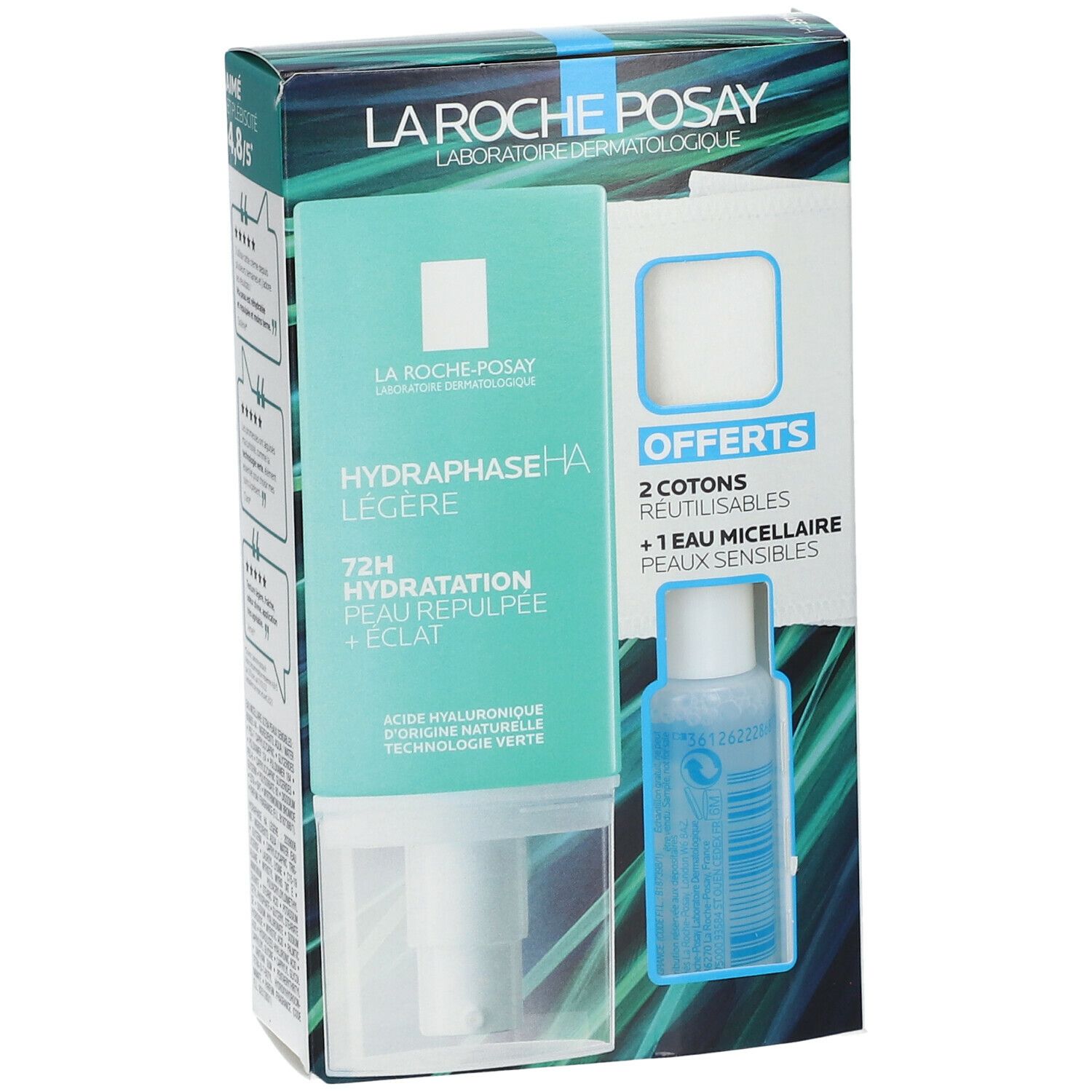 Boîte LA ROCHE POSAY. Produits: HYDRAPHASE HA Légère, eau micellaire et cotons. Texte: 72H Hydratation Peau Repulpée + Éclat.