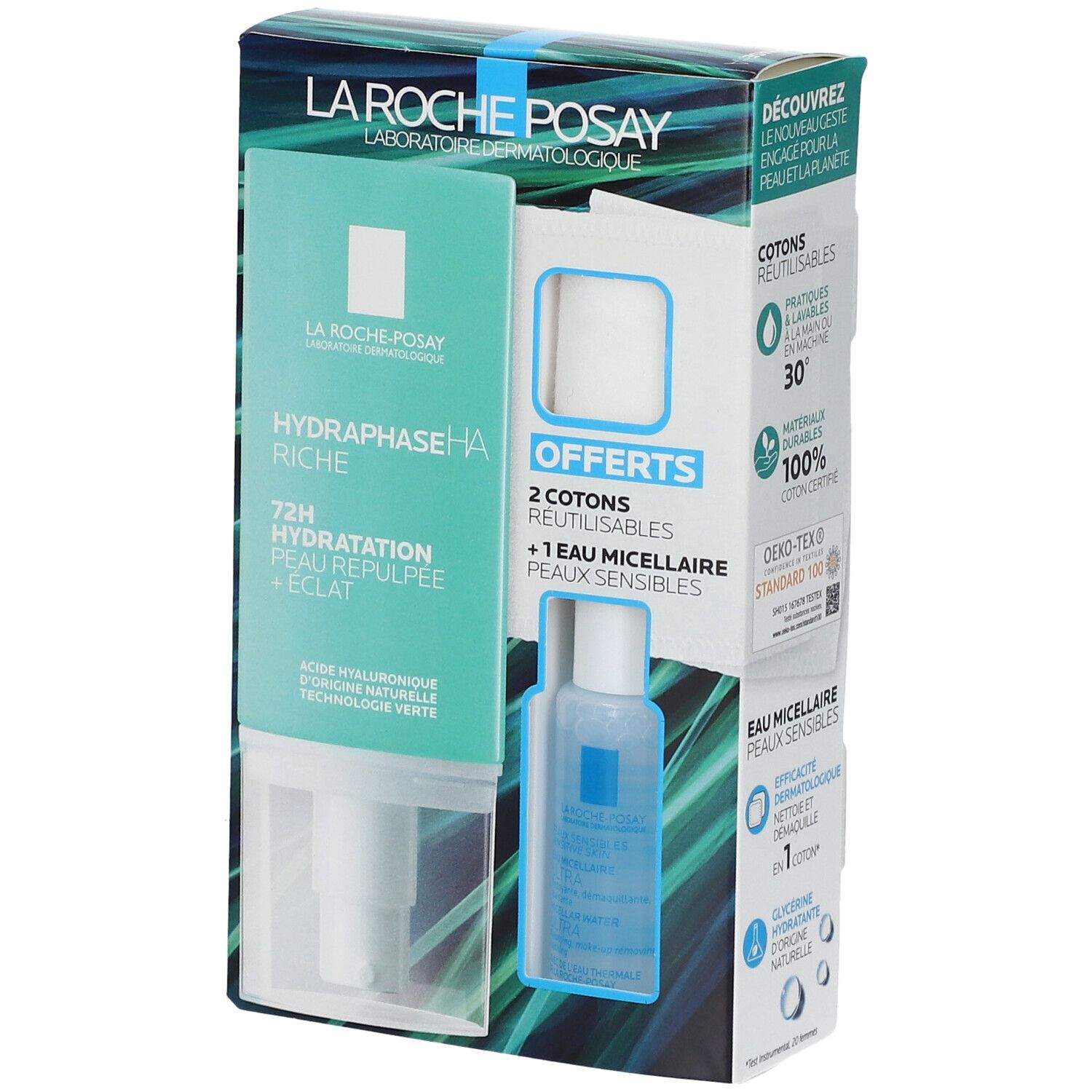 Coffret LA ROCHE POSAY HYDRAPHASE HA Riche, eau micellaire et cotons réutilisables. Noms et logos de produits visibles.
