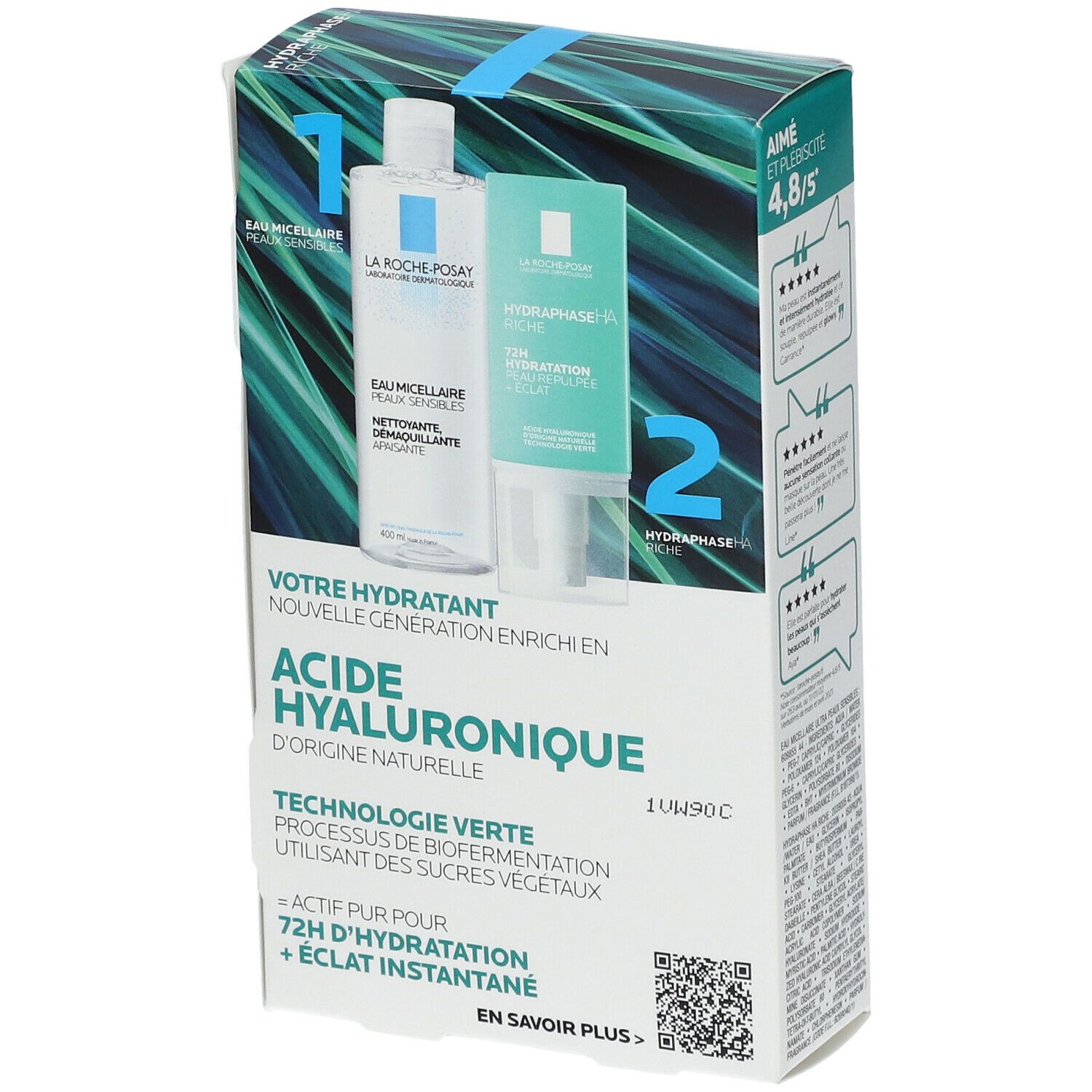 Emballage avec produits LA ROCHE POSAY. Contient HYDRAPHASE HA Riche et eau micellaire. Noms et logos visibles.
