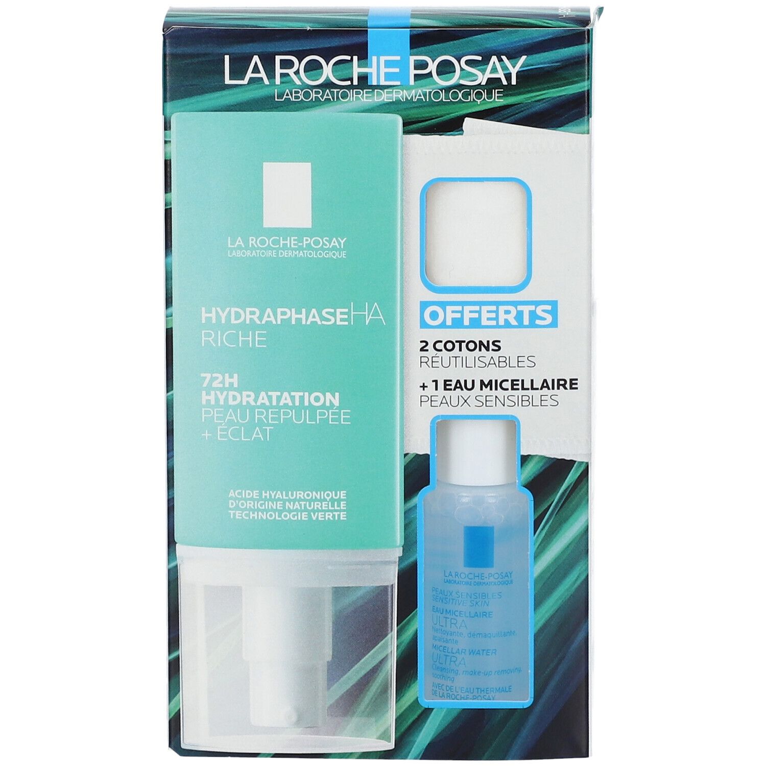 Coffret LA ROCHE POSAY HYDRAPHASE HA Riche, eau micellaire et cotons. Noms et logos de produits visibles.