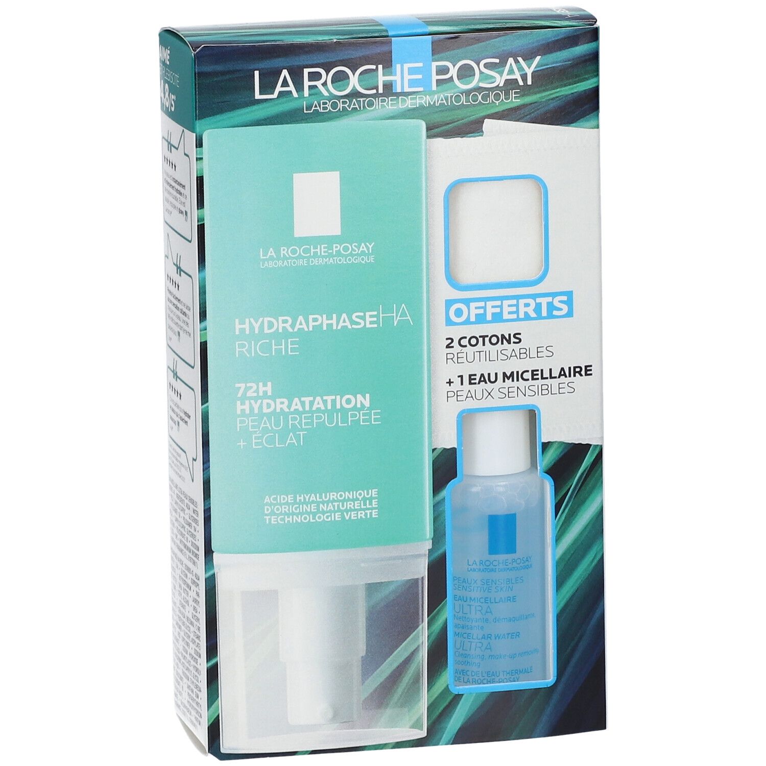 Coffret LA ROCHE POSAY HYDRAPHASE HA Riche, eau micellaire et cotons. Noms et logos de produits visibles.