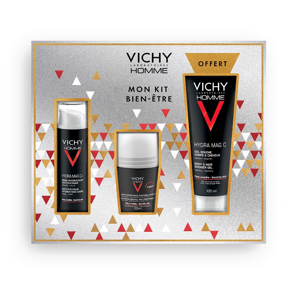 Coffret cadeau Vichy Homme. Contient Hydra Mag C, déodorant et gel douche. Emballage argenté avec motifs triangulaires.