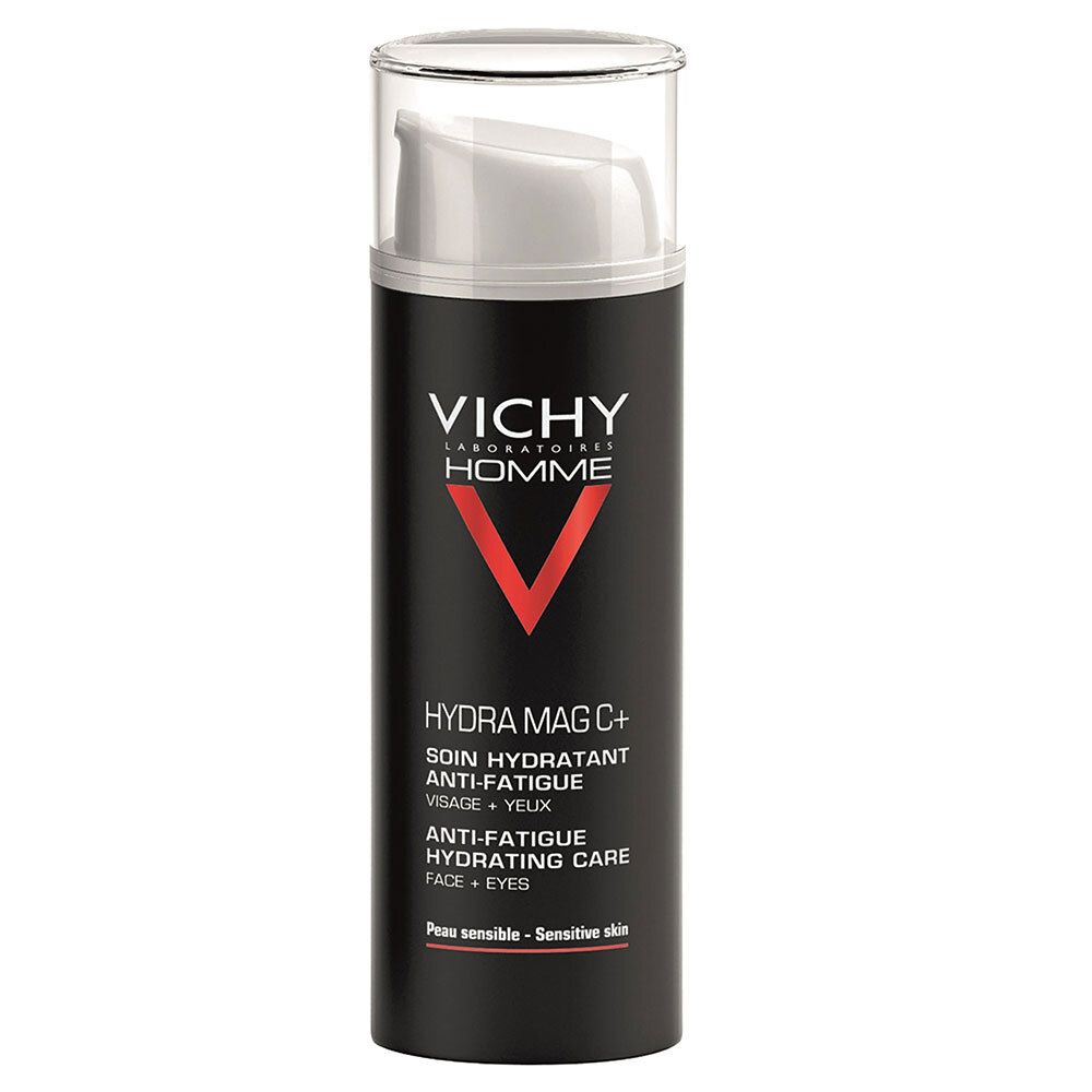 Crème Vichy Homme Hydra Mag C+ en flacon noir avec V rouge. Pour visage et yeux. Avec pompe.