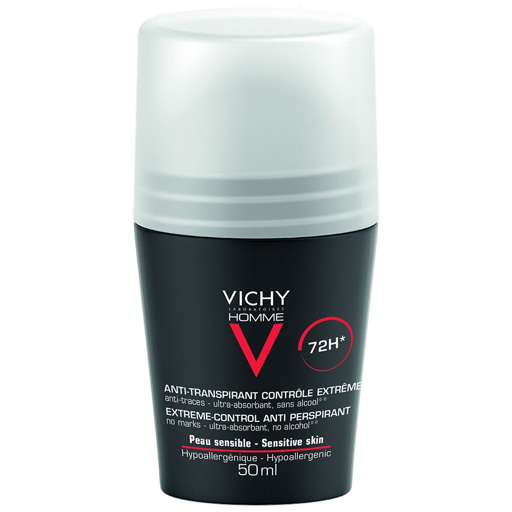 Déodorant Vichy Homme Antitranspirant en roll-on noir. Avec V rouge et inscription 72H.