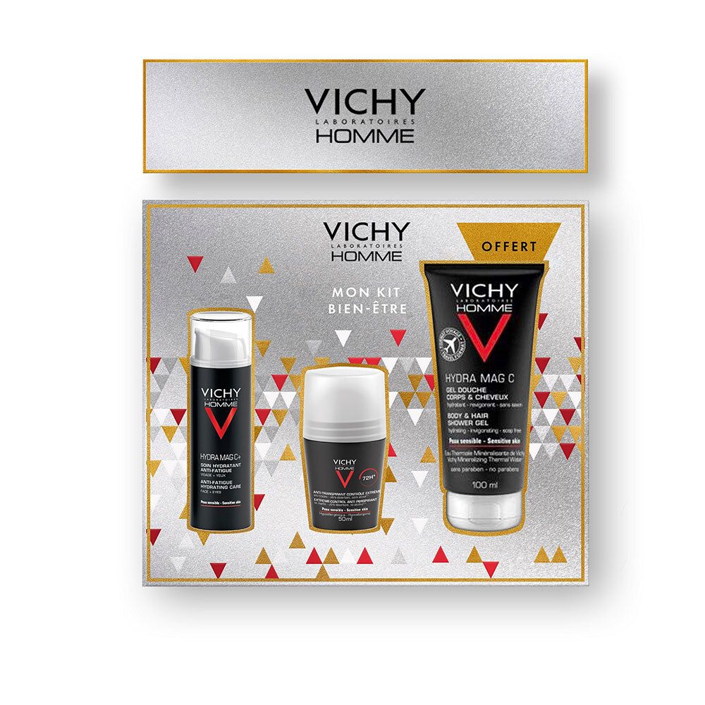 Coffret cadeau Vichy Homme avec trois produits. Contient Hydra Mag C, déodorant et gel douche. Emballage argenté.