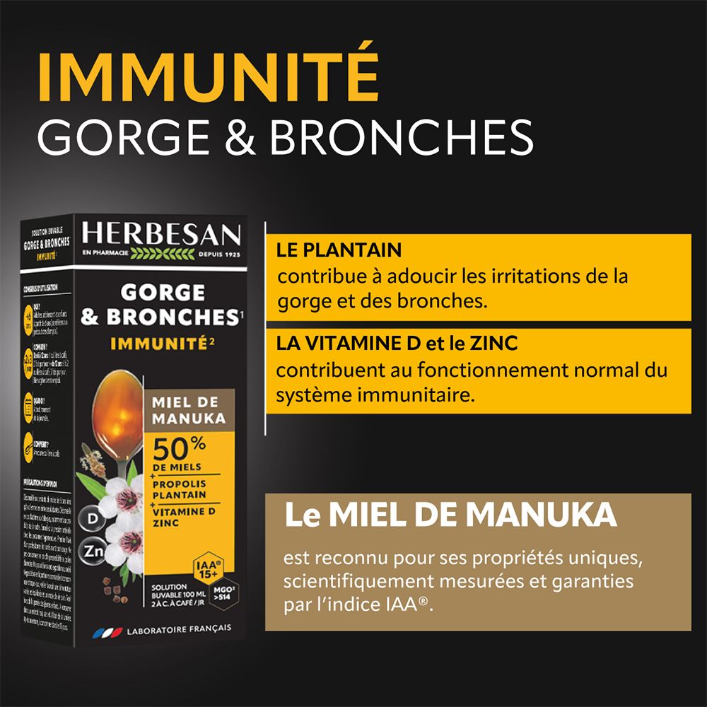 Herbesan GORGES & BRONCHES IMMUNITÉ. Plantain, vitamine D et zinc. Miel de Manuka.