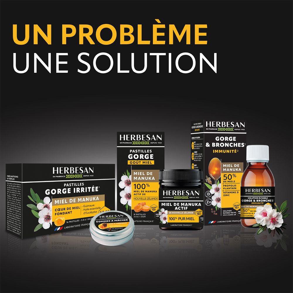 Produits Herbesan : pastilles, miel, sirop. GORGES & BRONCHES IMMUNITÉ. Miel de Manuka.