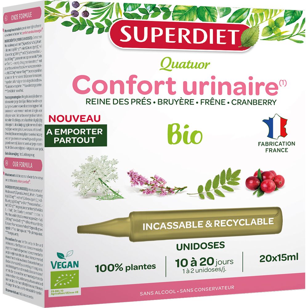 Boîte de QUATUOR CONFORT URINAIRE BIO. Contient 20 unidoses de 15 ml. Vegan, 100% plantes, certification Bio, Fabriqué en France.