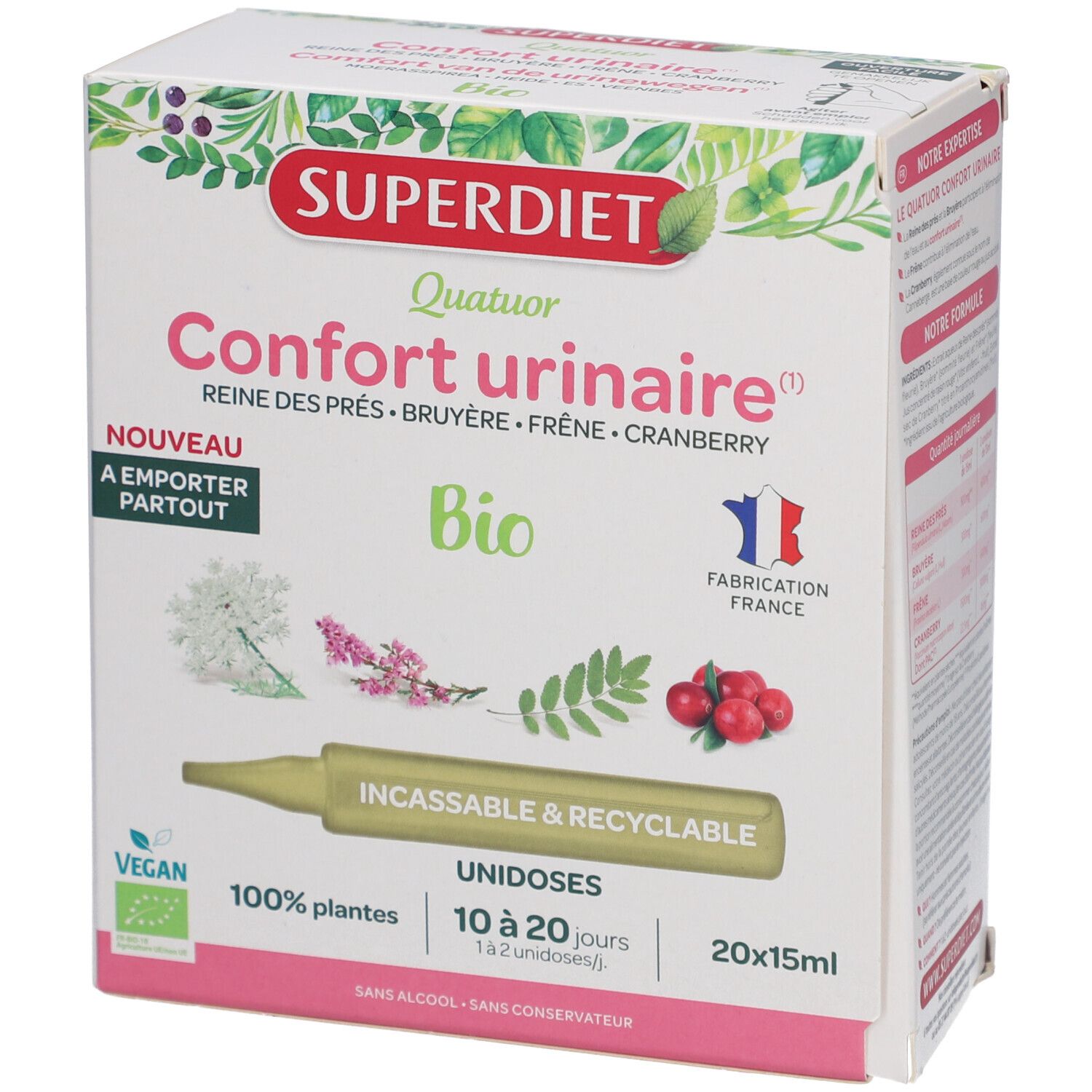 Boîte de QUATUOR CONFORT URINAIRE BIO. Contient 20 unidoses. Inscriptions : Superdiet, Bio, 100% plantes, Incassable & Recyclable.