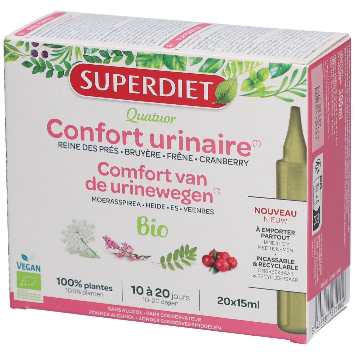 Boîte de QUATUOR CONFORT URINAIRE BIO. Contient 20 unidoses. Inscriptions : Superdiet, Bio, 100% plantes, Incassable & Recyclable.