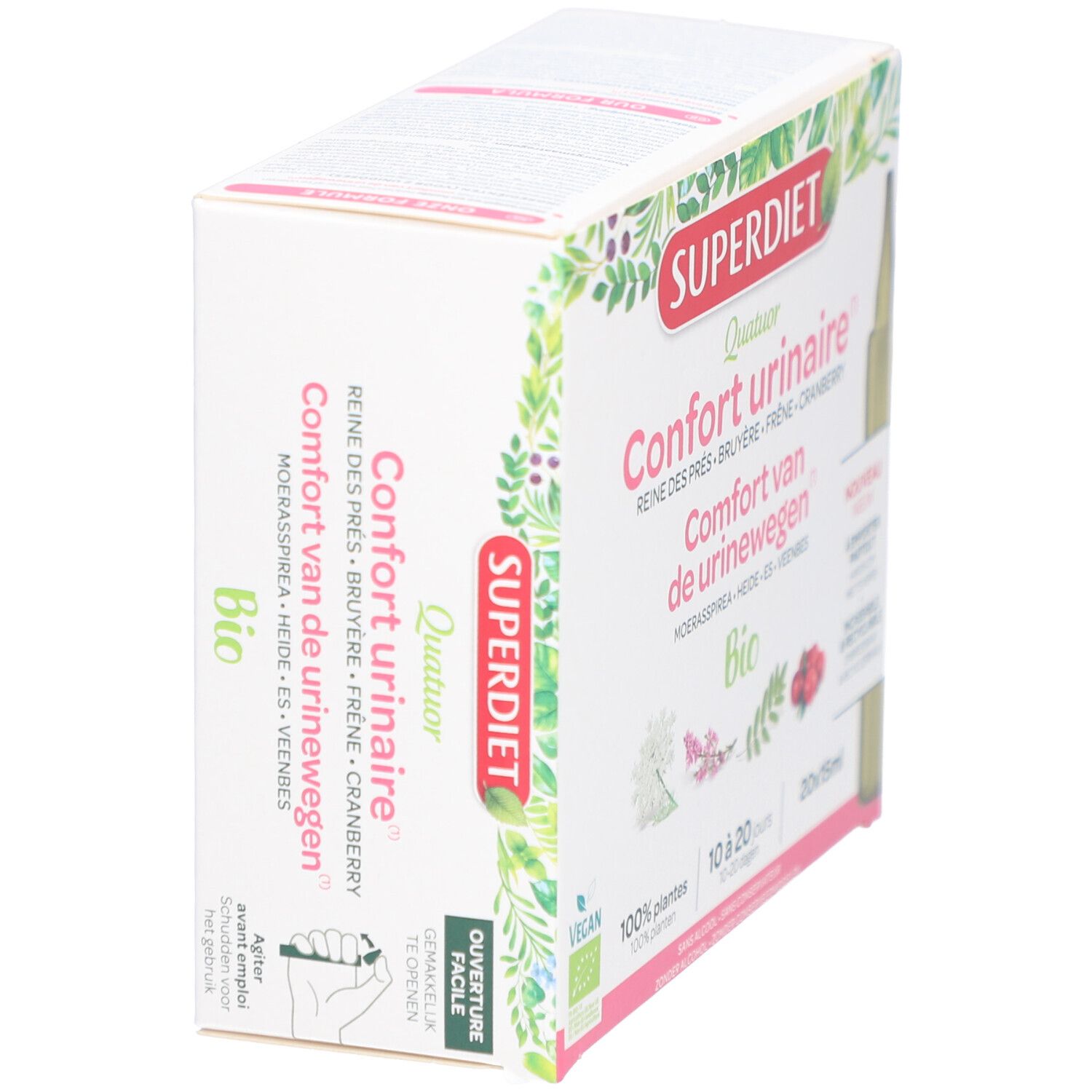Boîte de QUATUOR CONFORT URINAIRE BIO. Vue en biais. Inscriptions : Superdiet, Bio, 100% plantes, Incassable & Recyclable.