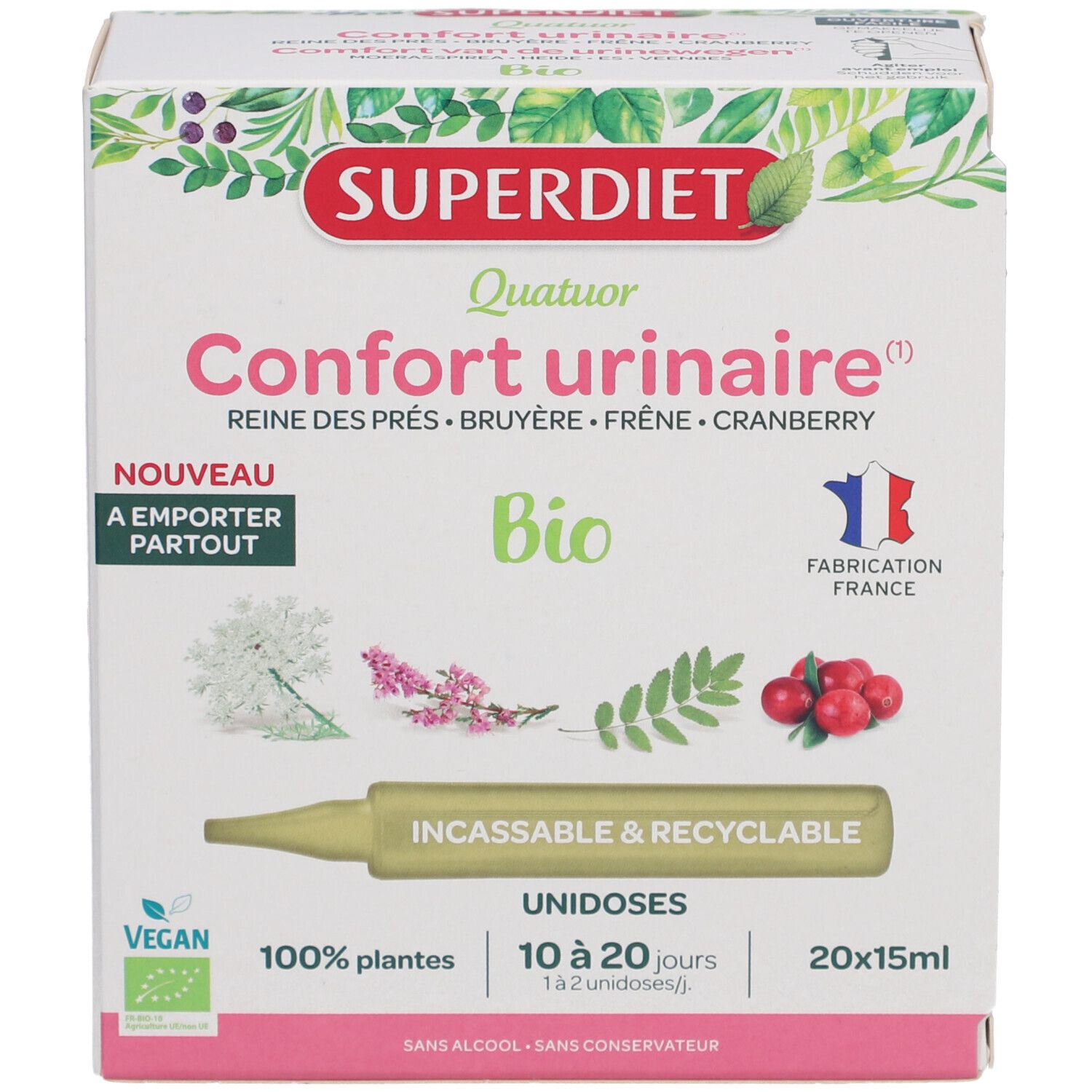 Boîte de QUATUOR CONFORT URINAIRE BIO. Contient 20 unidoses. Inscriptions : Superdiet, Bio, 100% plantes, Incassable & Recyclable.