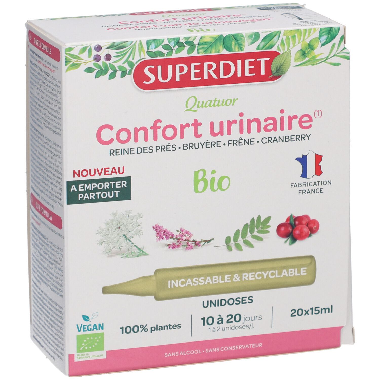 Boîte de QUATUOR CONFORT URINAIRE BIO. Contient 20 unidoses. Inscriptions : Superdiet, Bio, 100% plantes, Incassable & Recyclable.