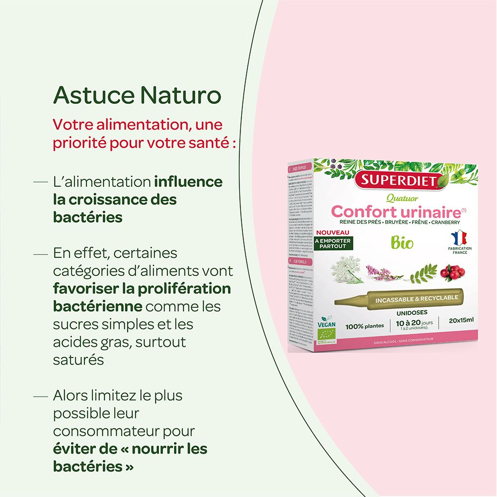 Texte sur l'alimentation et la santé. Recommande de limiter sucres et graisses saturées pour éviter la prolifération bactérienne.
