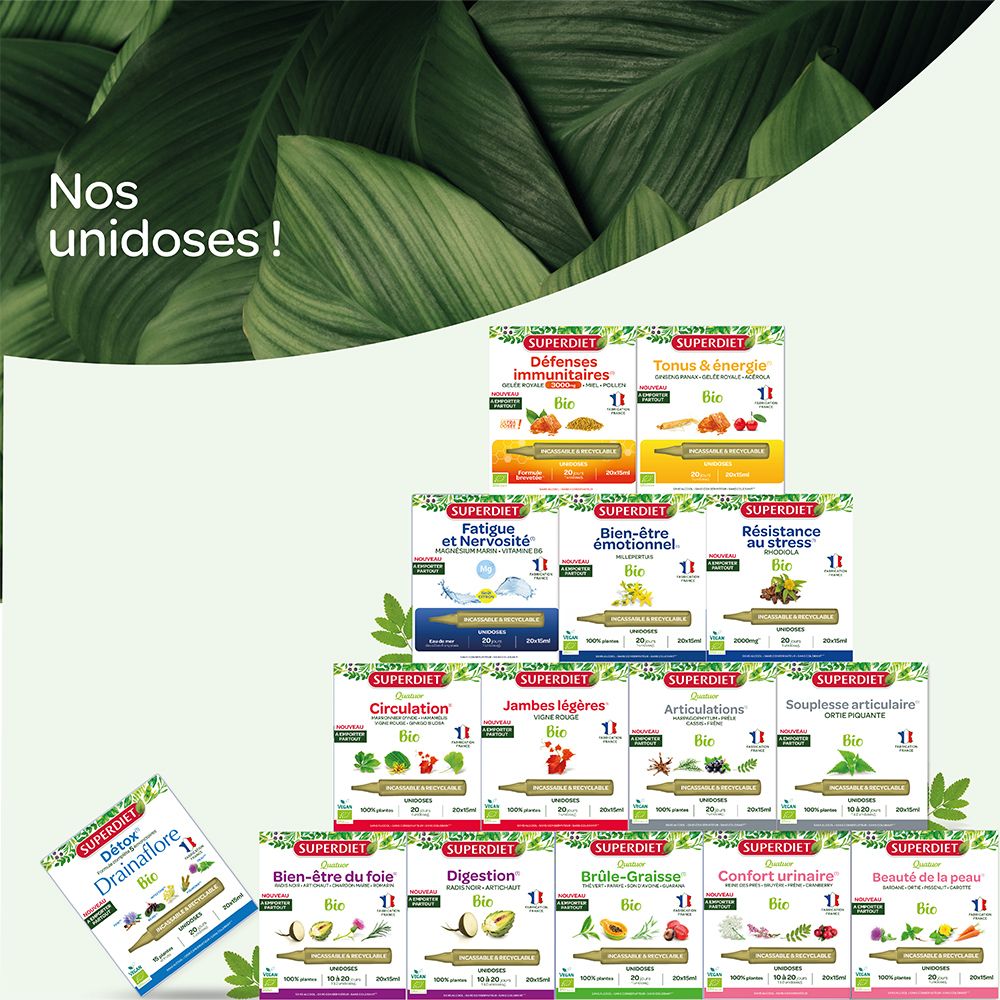 Plusieurs emballages de produits QUATUOR. Montre différentes variantes pour différents besoins : immunité, énergie, stress, etc.