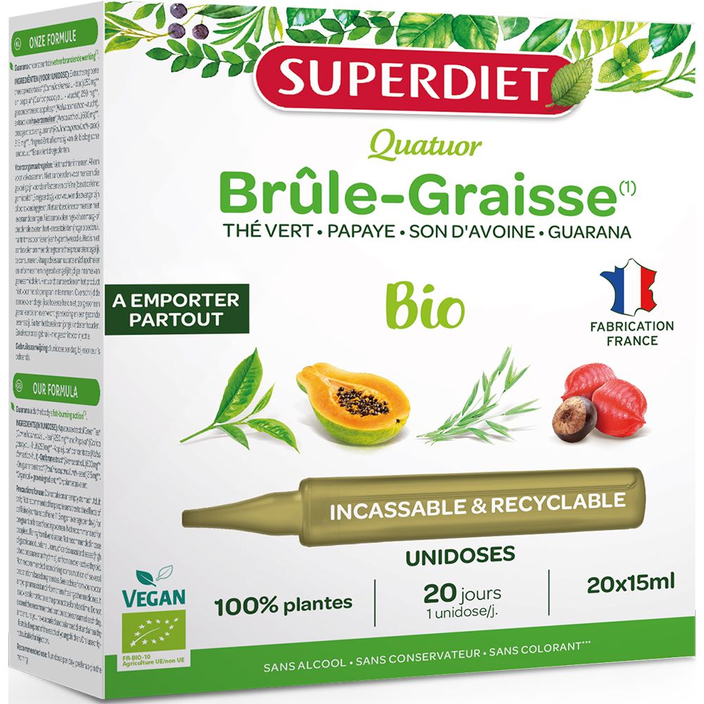 Boîte de Superdiet Quatuor Bio brûle-graisse. Contient 20 unidoses. Vegan, 100% plantes, sans alcool, conservateur ni colorant.