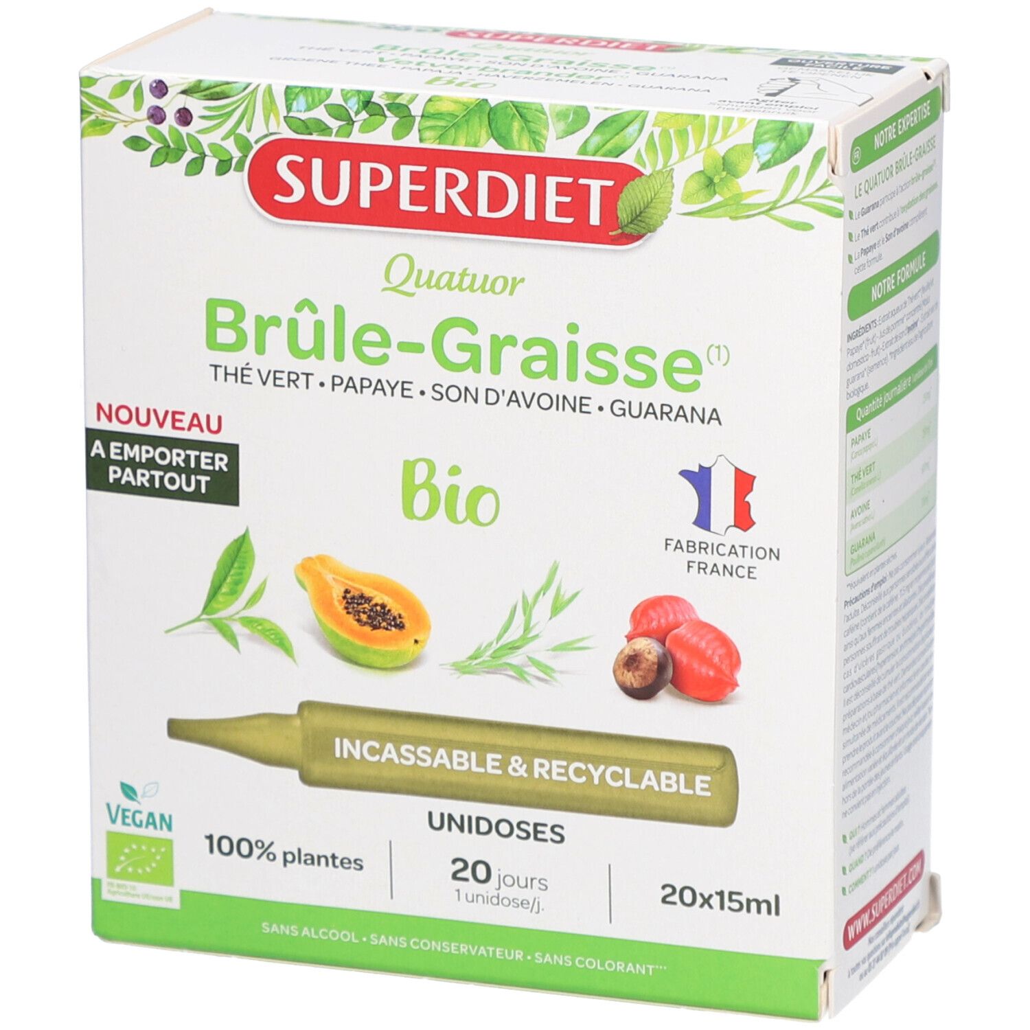 Boîte Superdiet. Ingrédients : thé vert, papaye, son d'avoine, guarana. 20 unidoses. Label Bio et Fabriqué en France.