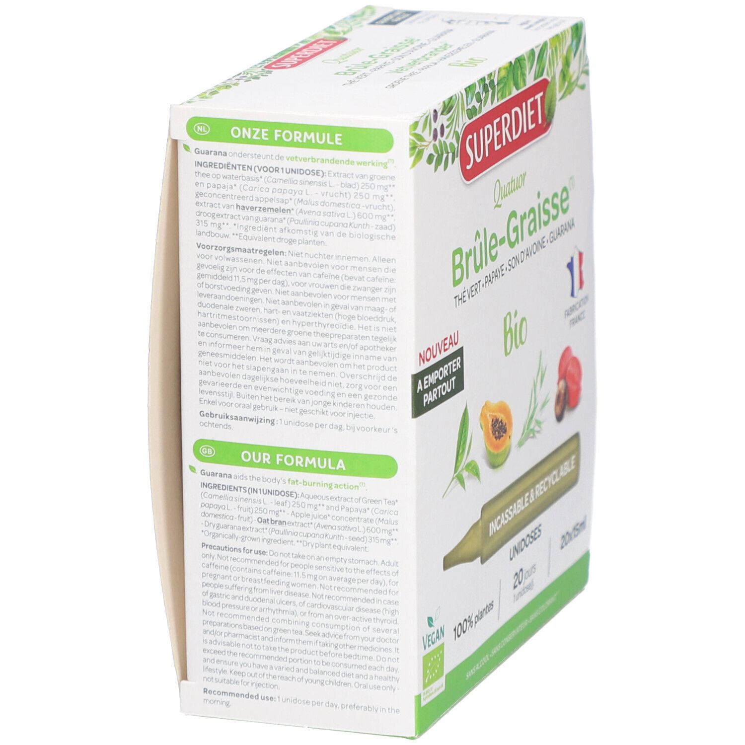Boîte Superdiet. Ingrédients et informations d'utilisation. Label Bio et Fabriqué en France. Emballage recyclable.