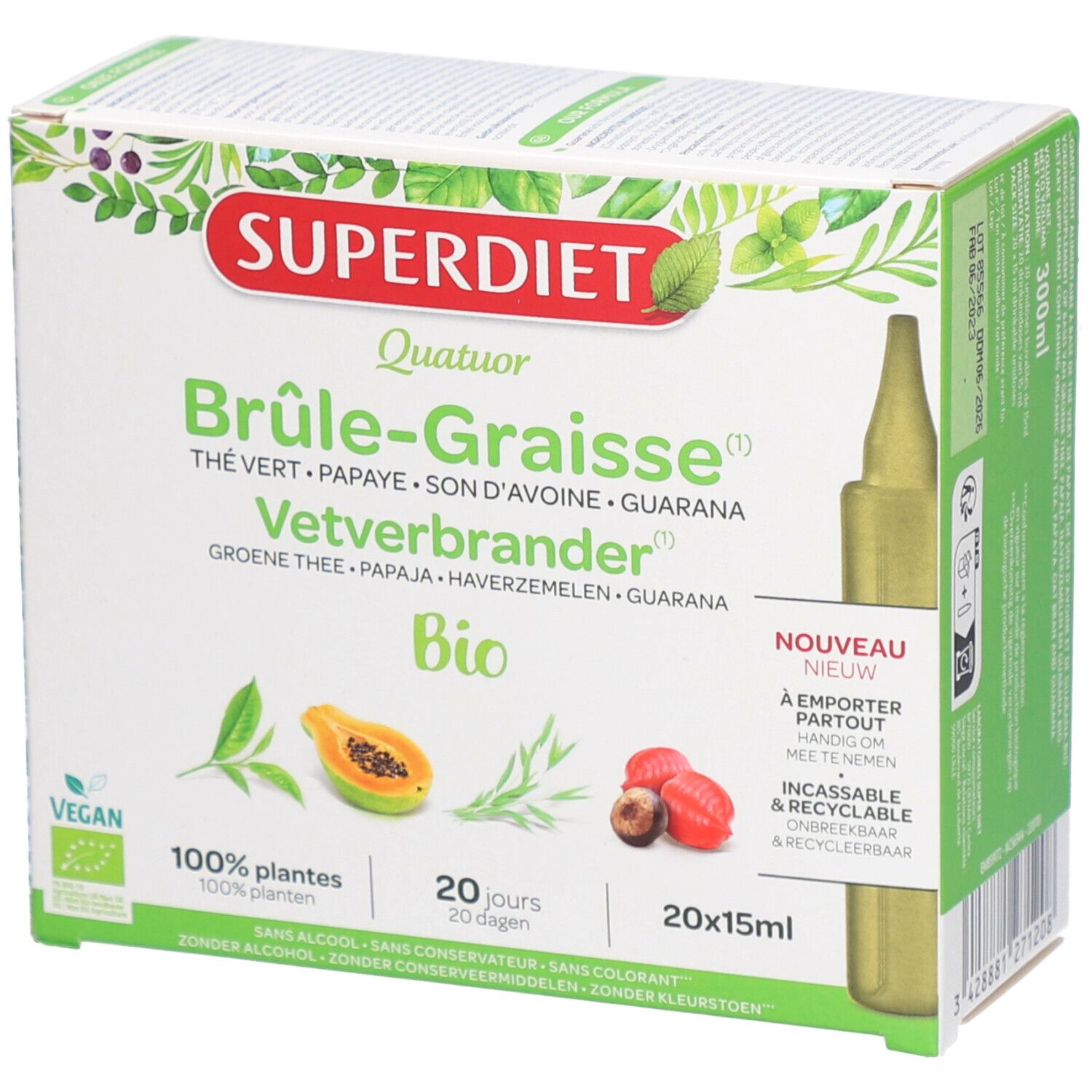 Boîte Superdiet. Ingrédients : thé vert, papaye, son d'avoine, guarana. 20 unidoses. Label Bio et Fabriqué en France.