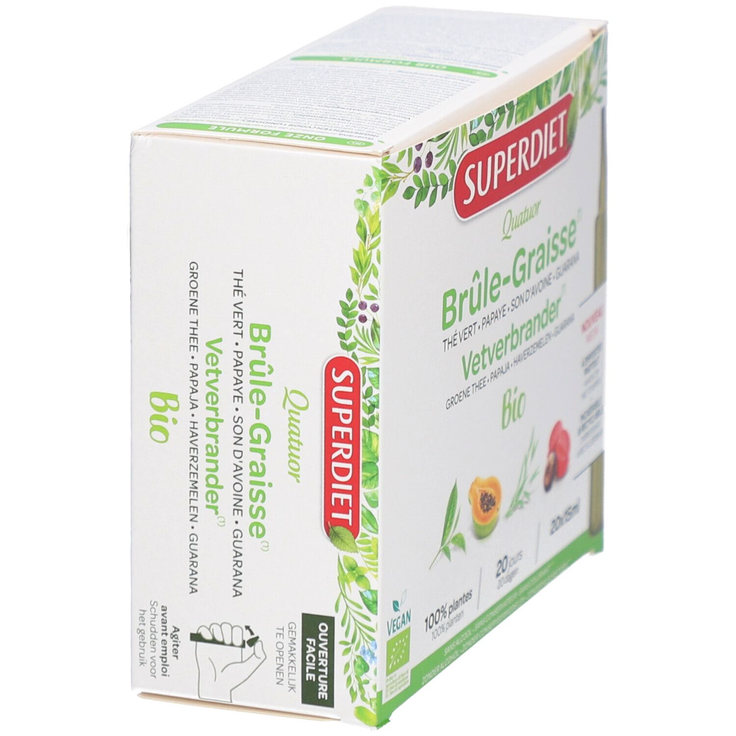 Boîte Superdiet. Ingrédients : thé vert, papaye, son d'avoine, guarana. 20 unidoses. Label Bio et Fabriqué en France.