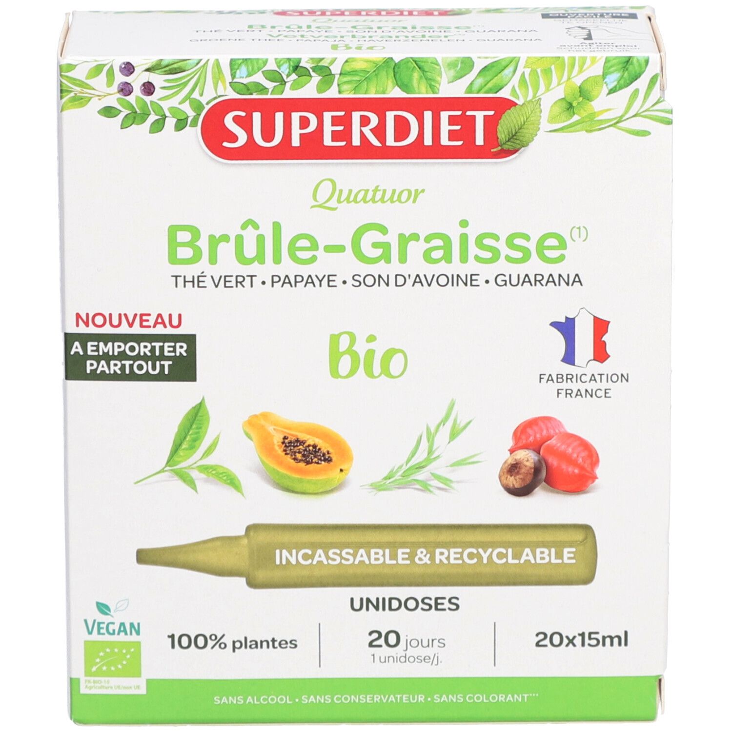 Boîte Superdiet. Ingrédients : thé vert, papaye, son d'avoine, guarana. 20 unidoses. Label Bio et Fabriqué en France.
