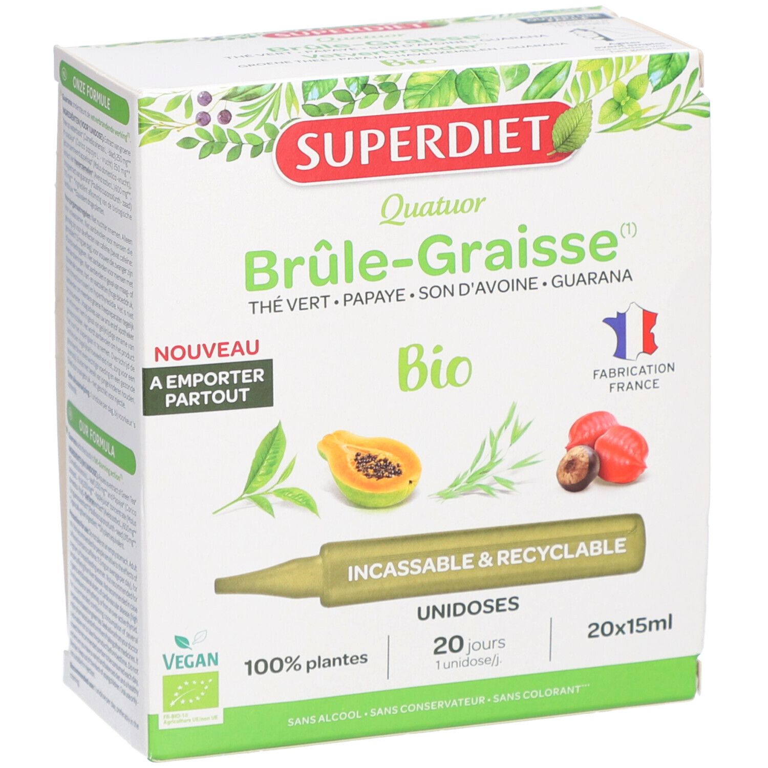 Boîte Superdiet. Ingrédients : thé vert, papaye, son d'avoine, guarana. 20 unidoses. Label Bio et Fabriqué en France.