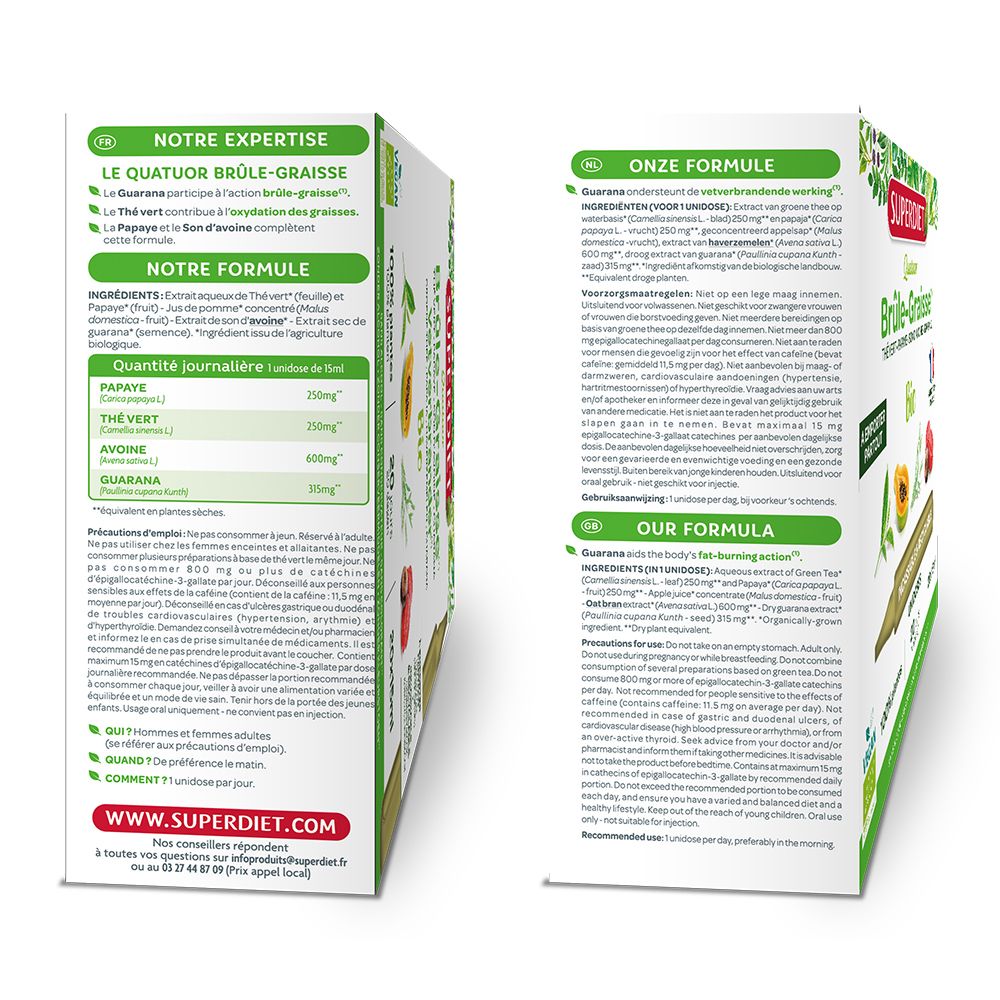 Dos de la boîte avec informations sur les ingrédients et l'utilisation. Contient des informations en allemand et en néerlandais.