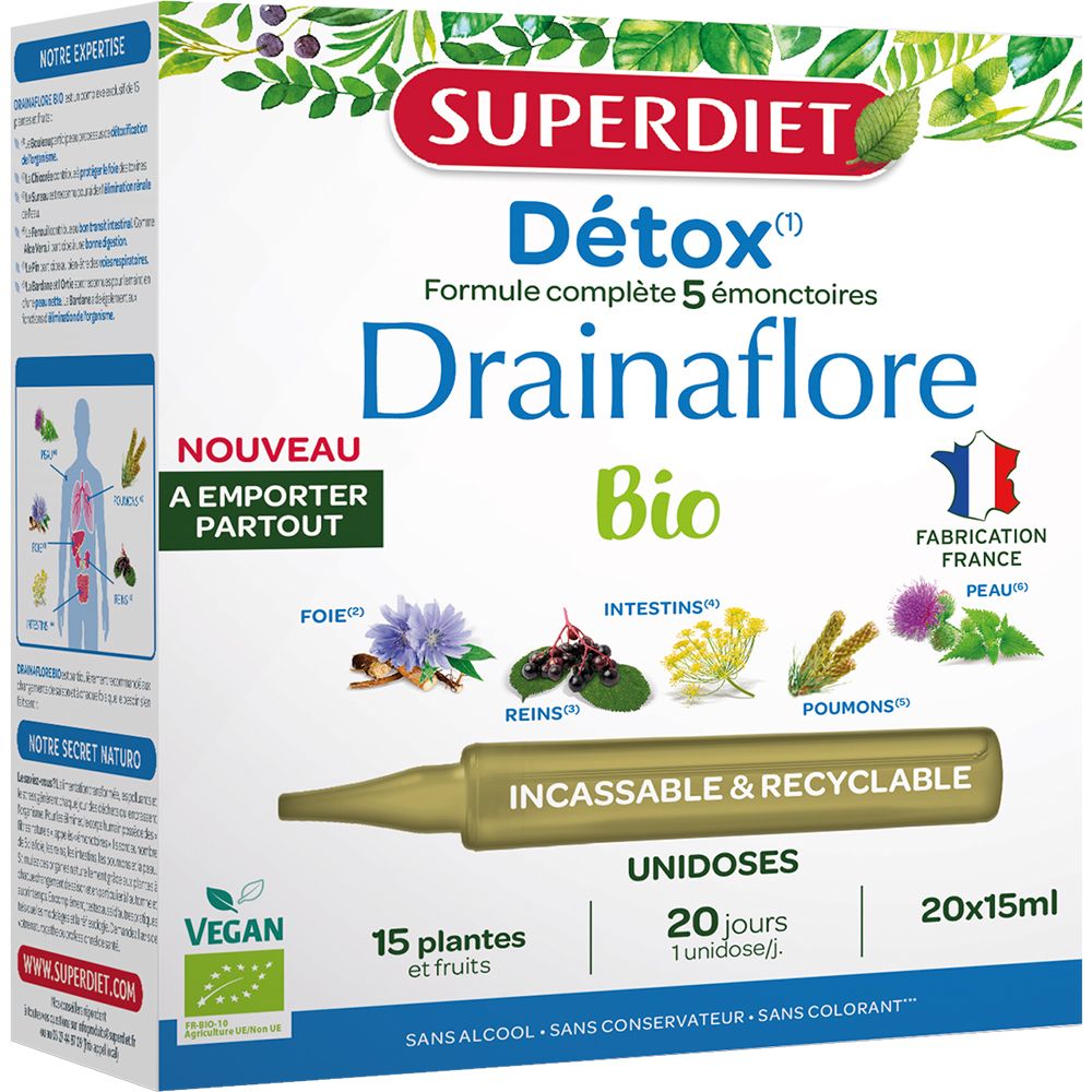 Boîte Superdiet Drainaflore Bio détox. Contient 20 unidoses. Label Vegan. Fabrication française. 15 plantes et fruits.