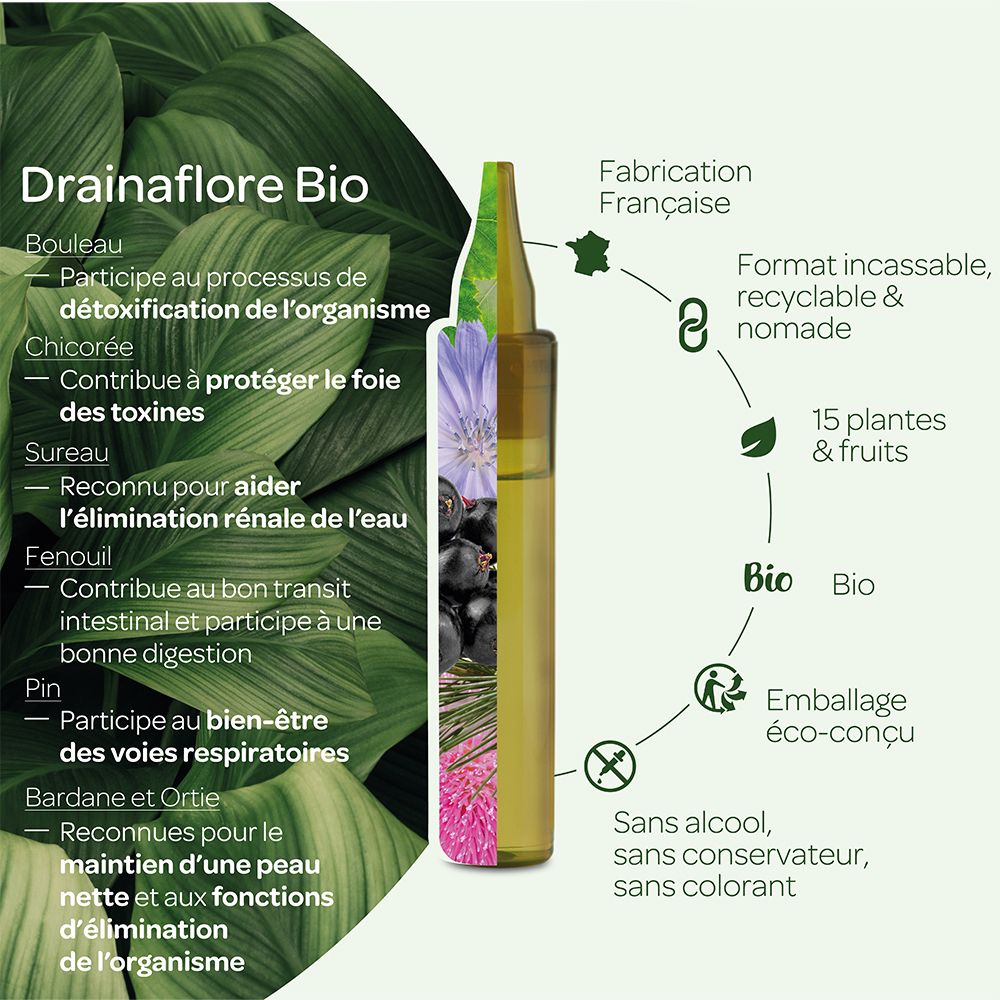 Ampoule Drainaflore Bio avec informations ingrédients. Fabrication française. 15 plantes & fruits. Sans alcool, conservateur, colorant.