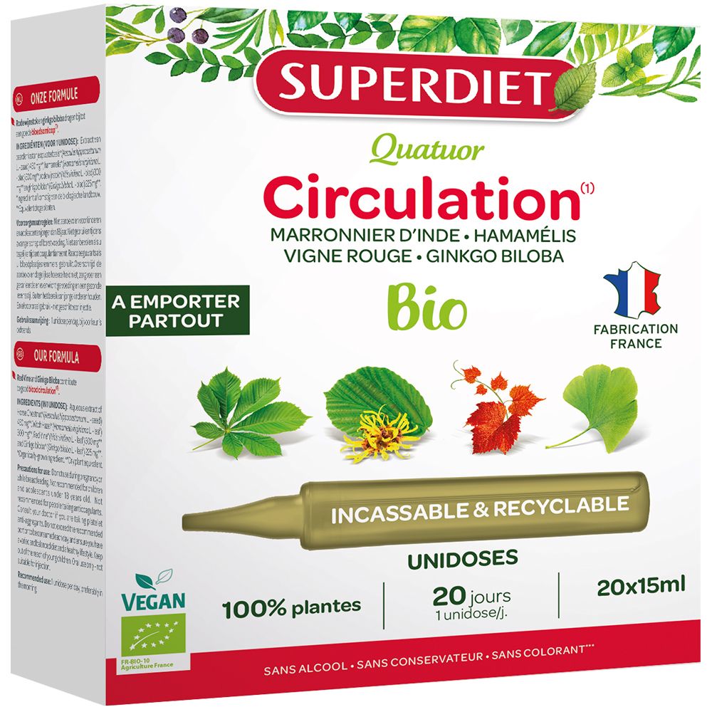 Boîte de QUATUOR CIRCULATION BIO. Contient 20 unidoses de 15 ml. Vegan, 100% plantes, sans alcool, conservateur et colorant. Fabrication française.