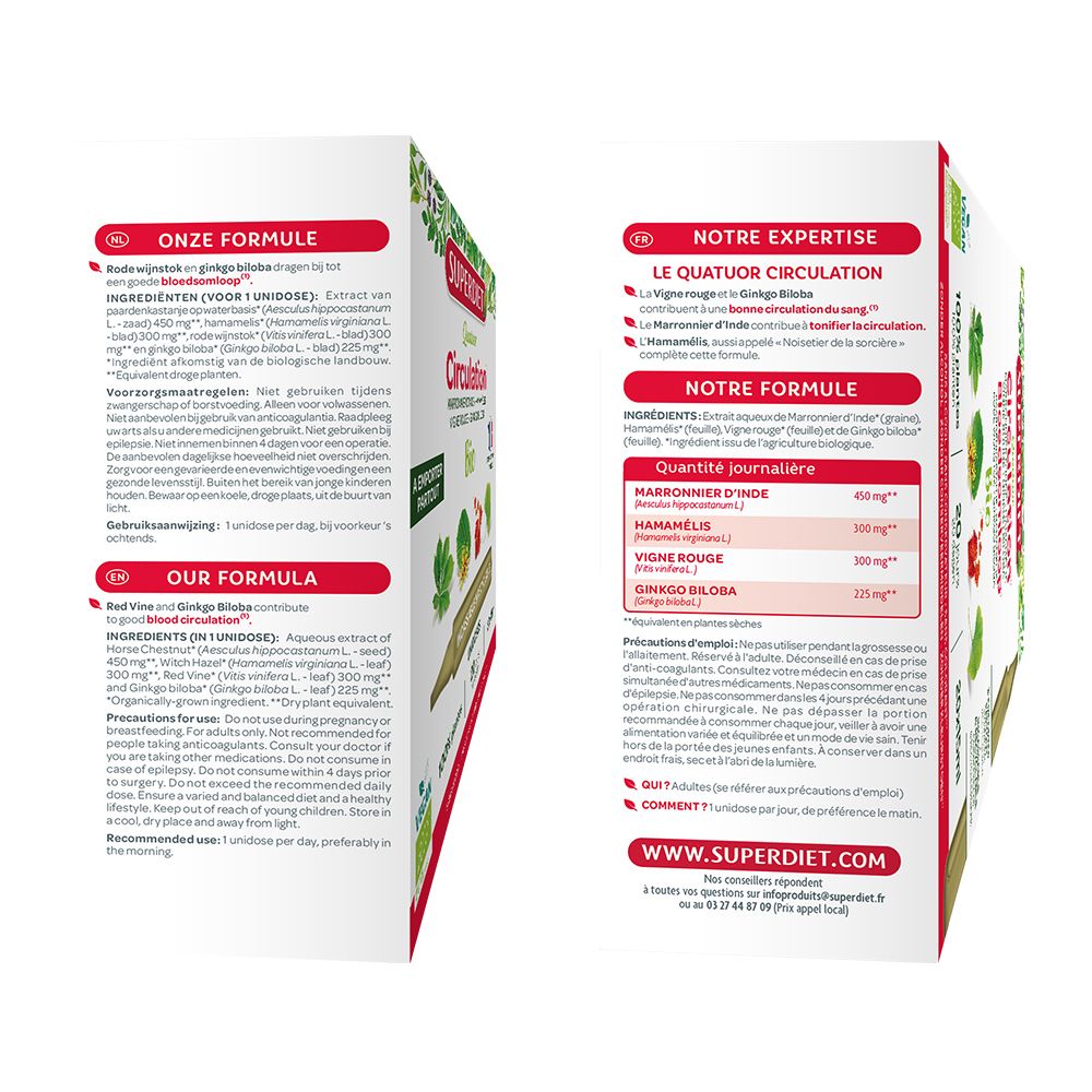 Détails de la boîte QUATUOR CIRCULATION BIO. Ingrédients, quantité journalière et conseils d'utilisation. Fabriqué en France.