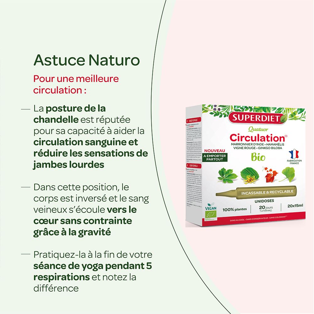 Conseils pour une meilleure circulation. Boîte de QUATUOR CIRCULATION BIO en arrière-plan. Posologie : 1 unidose par jour, de préférence le matin.
