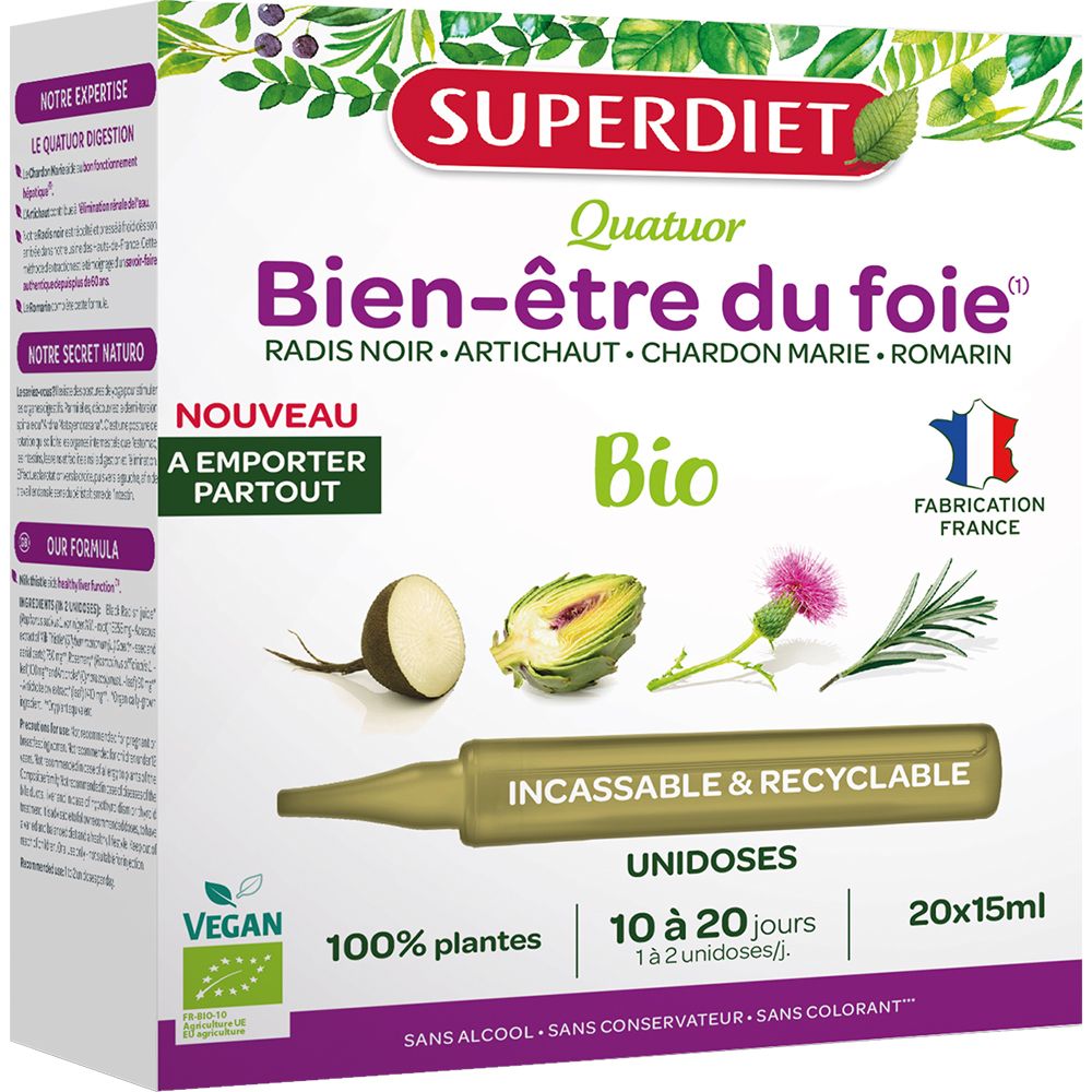 Boîte Superdiet Quatuor Bio Leber. Ampoules, radis noir, artichaut, chardon-marie, romarin. Vegan, 100% plantes.