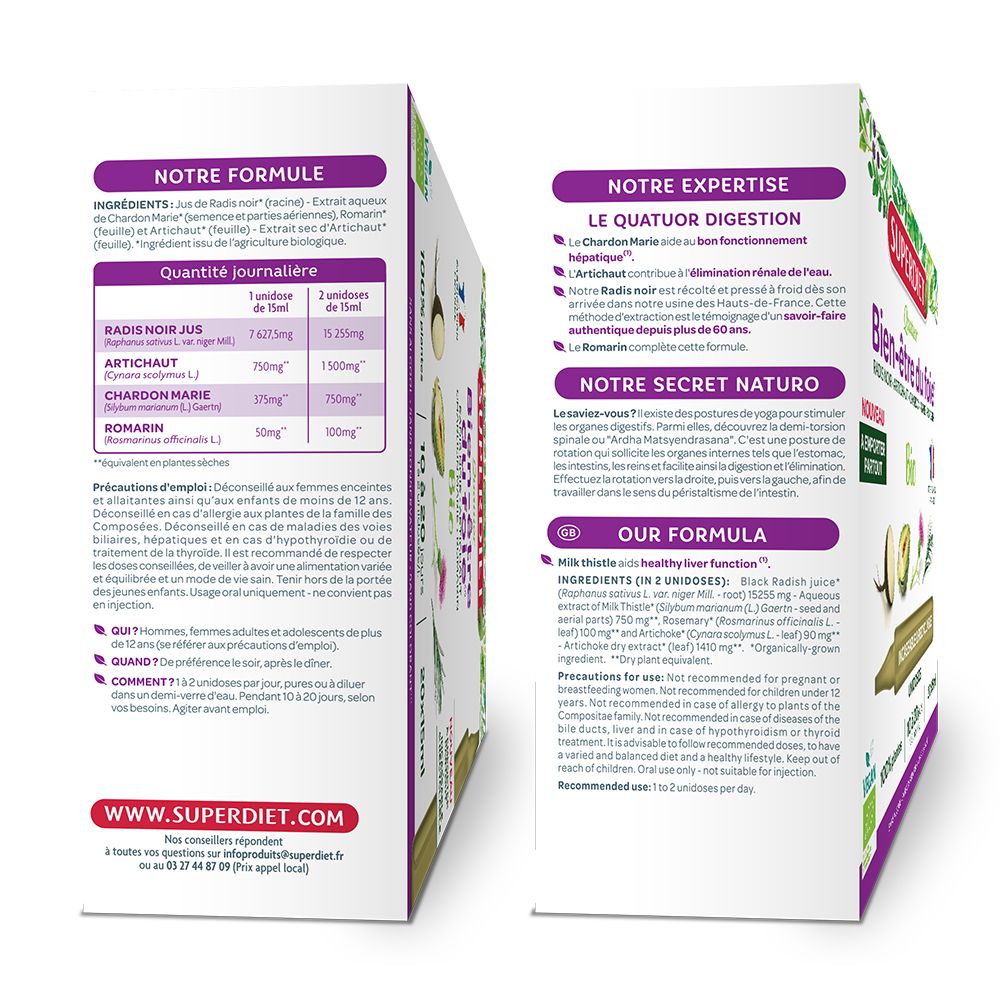 Dos de la boîte Superdiet Quatuor Bio Leber. Ingrédients, dosage, conseils. Texte en français.