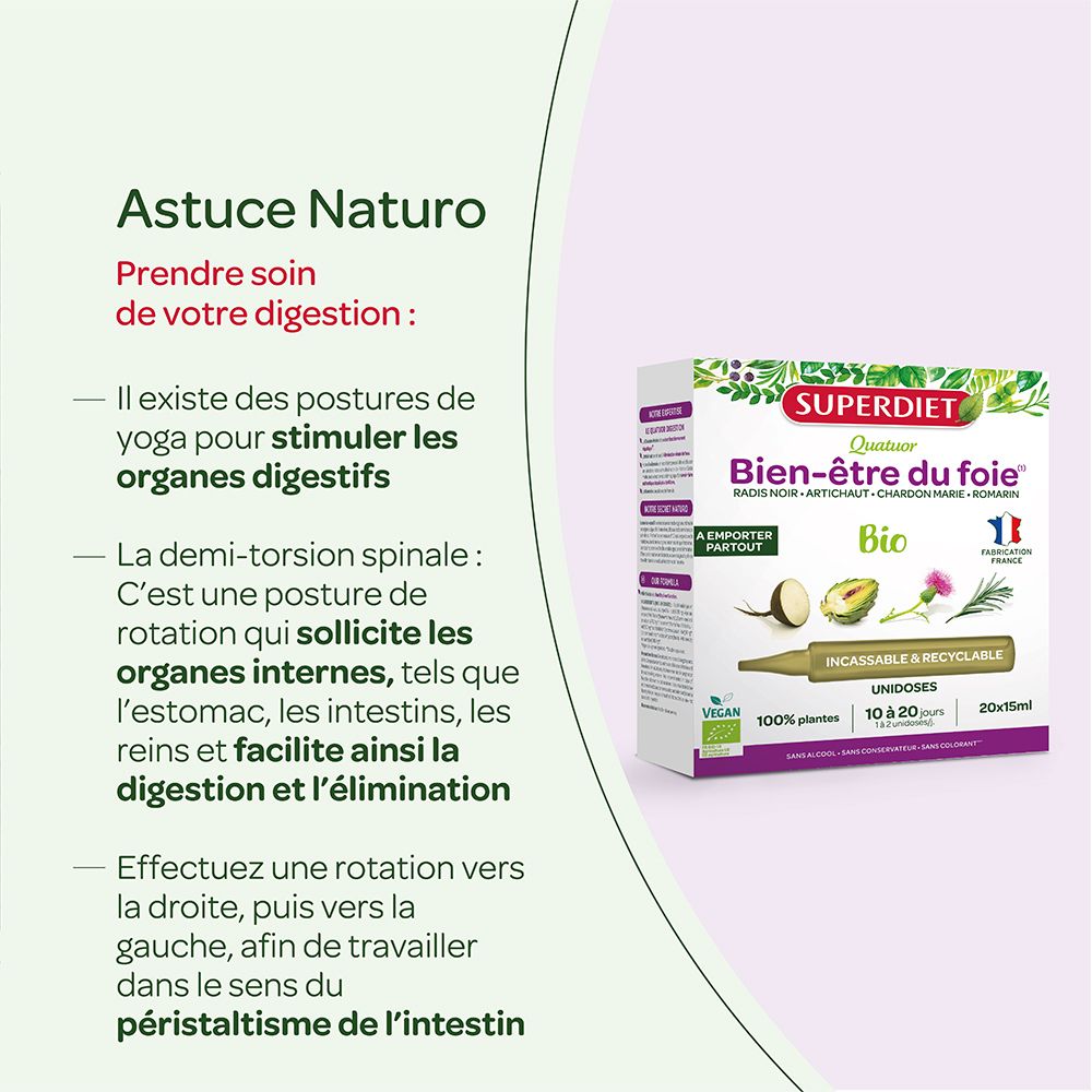Infographie : exercices de yoga pour la digestion. Boîte Superdiet Quatuor Bio Leber en arrière-plan.