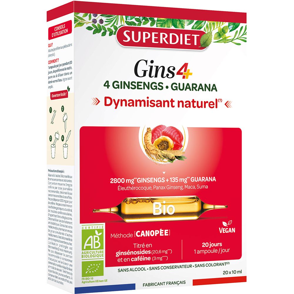 Boîte de Gins4, 4 Ginsengs, Guarana. Contient 20 ampoules. Certification Bio. Vegan.