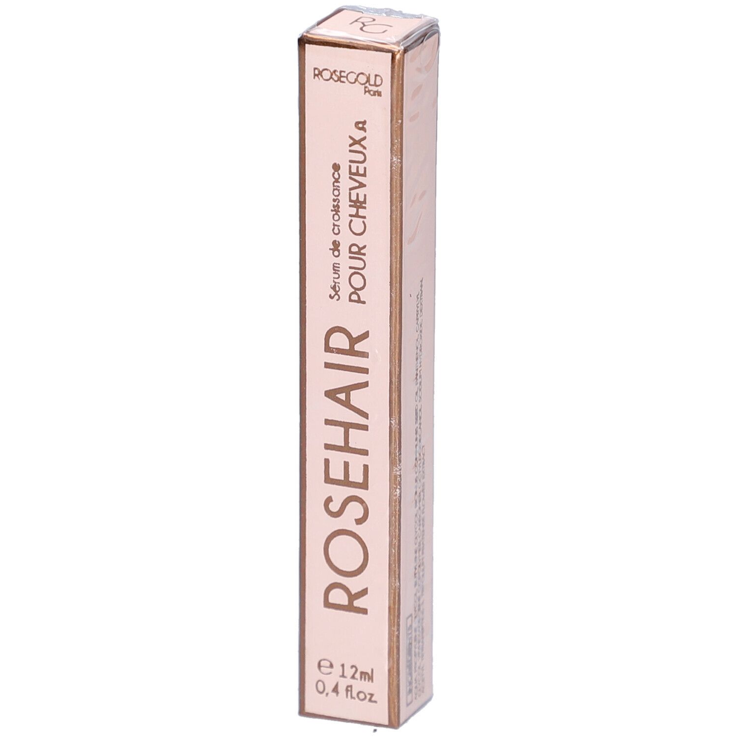 Emballage fin rose. Inscription: ROSEHAIR, Sérum de croissance POUR CHEVEUX A, e 12ml, 0,4 fl.oz. ROSEGOLD Paris.