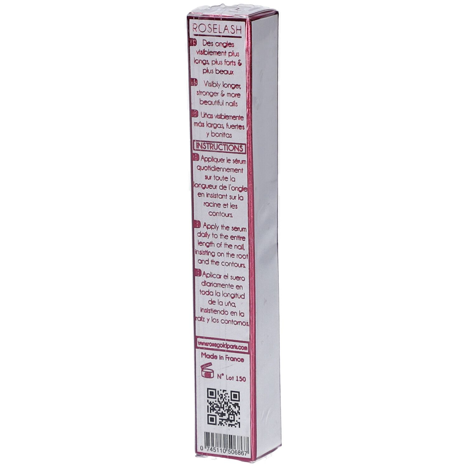 Dos de l'emballage ROSENAIL. Texte multilingue. Contient instructions et ingrédients.