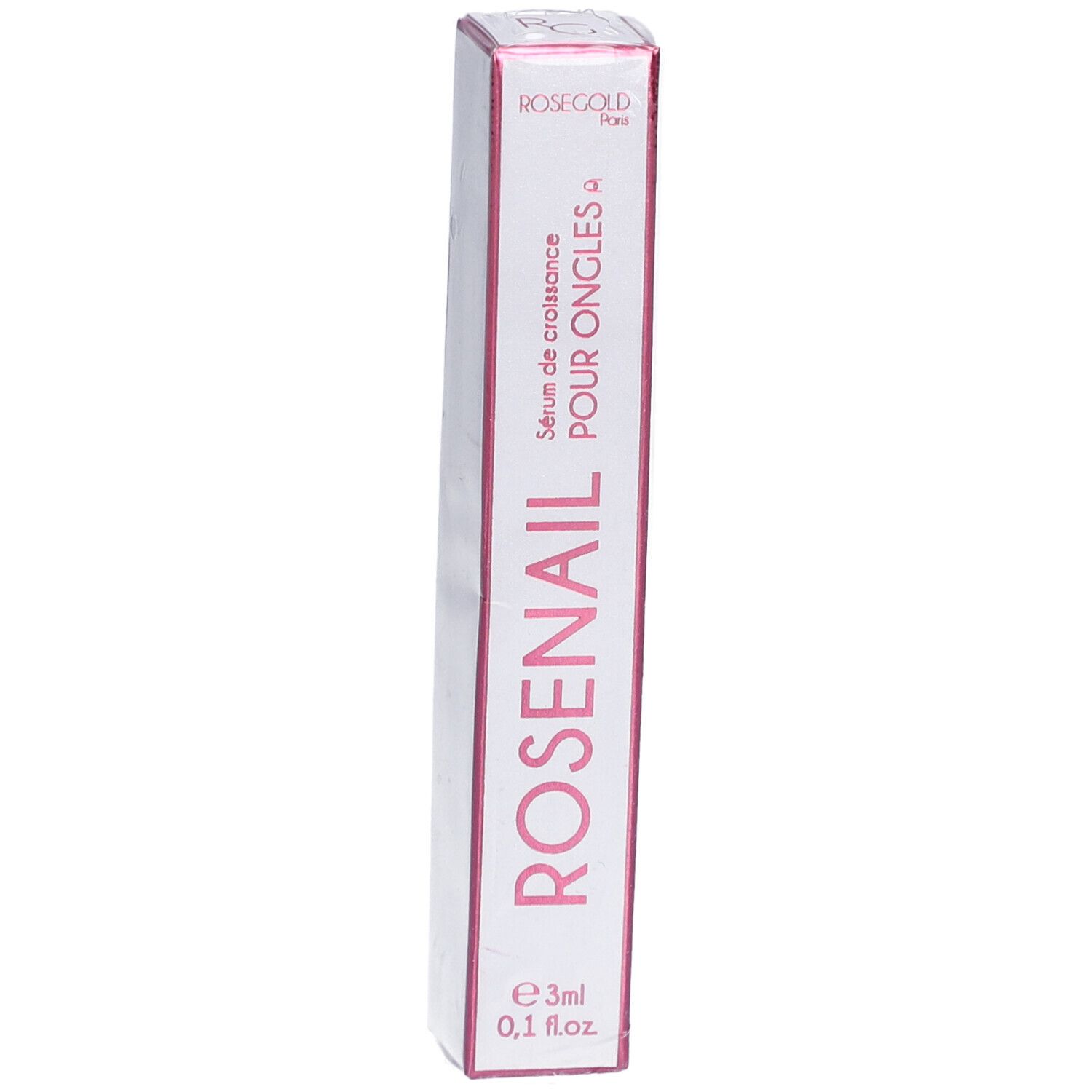 Boîte de sérum ROSENAIL pour ongles. Texte rose sur fond blanc. Contenance: 3ml.