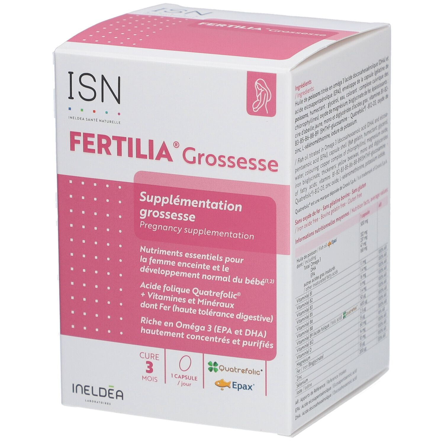 Boîte rose et blanche 'Fertilia Grossesse' de ISN. Contient des informations sur les suppléments de grossesse. Avec logo et ingrédients.