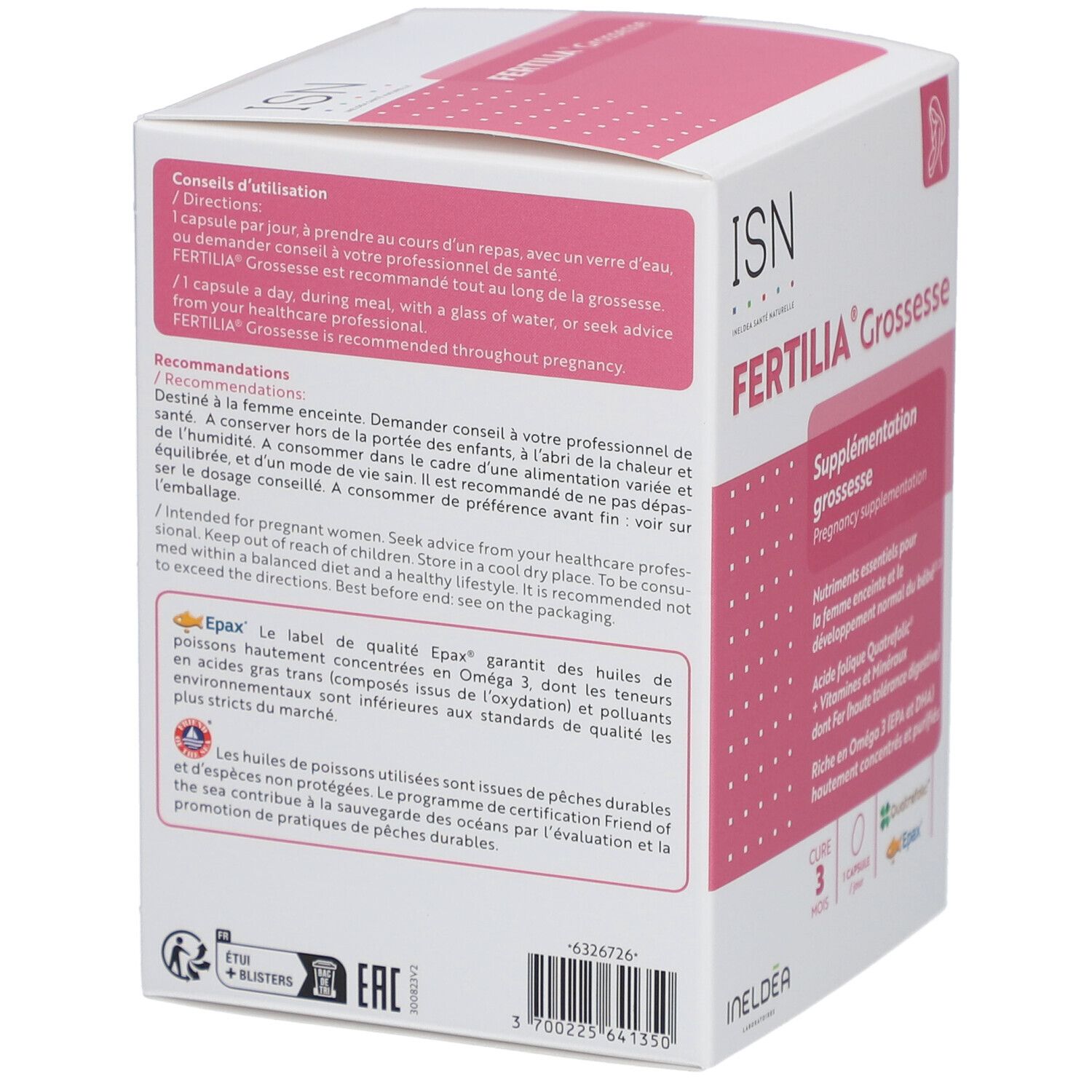 Dos de l'emballage 'Fertilia Grossesse'. Contient des instructions, des recommandations et des informations sur les ingrédients. Avec logos.