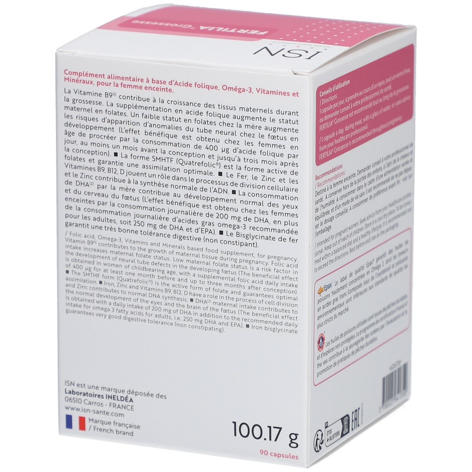 Dos de l'emballage 'Fertilia Grossesse'. Contient des informations sur les ingrédients, les valeurs nutritionnelles et les logos. Poids: 100,17g.