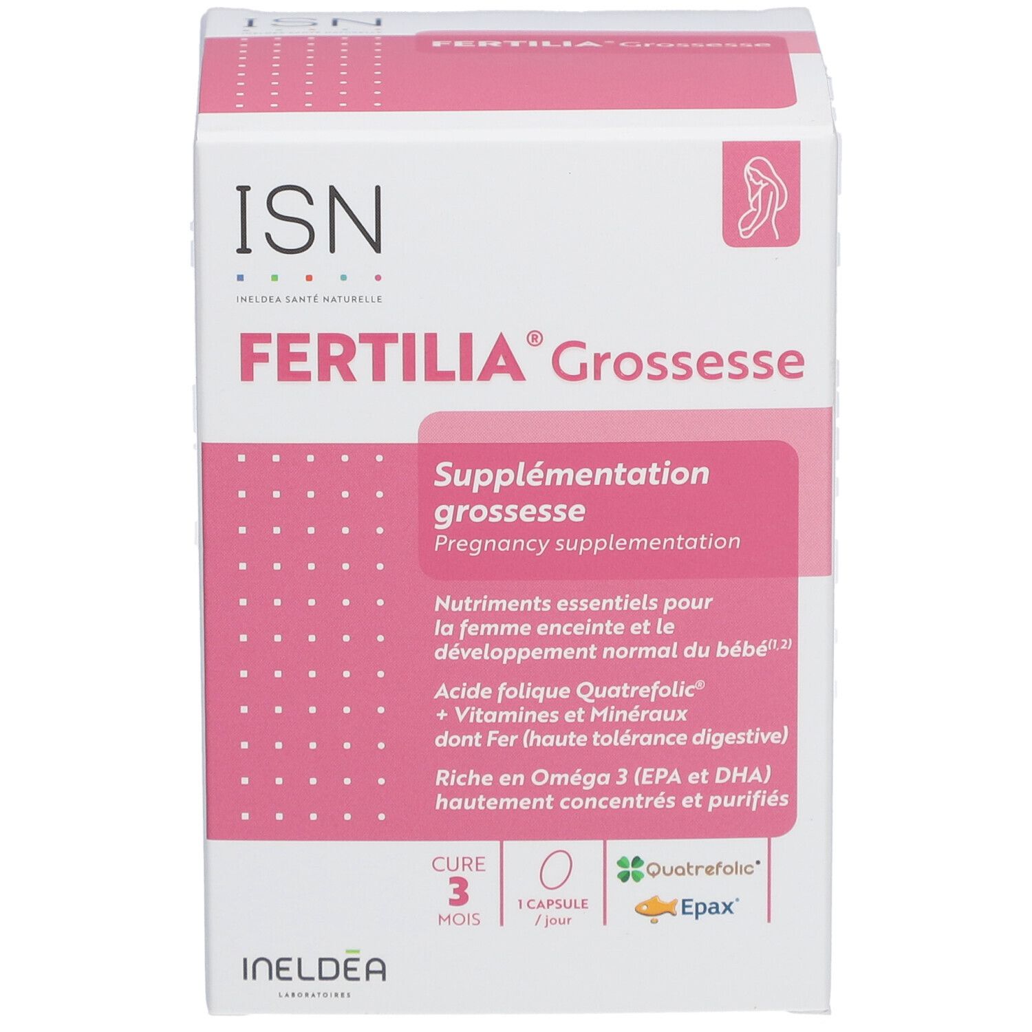 Boîte rose et blanche 'Fertilia Grossesse' de ISN. Contient des informations sur les suppléments de grossesse. Avec logo et ingrédients.