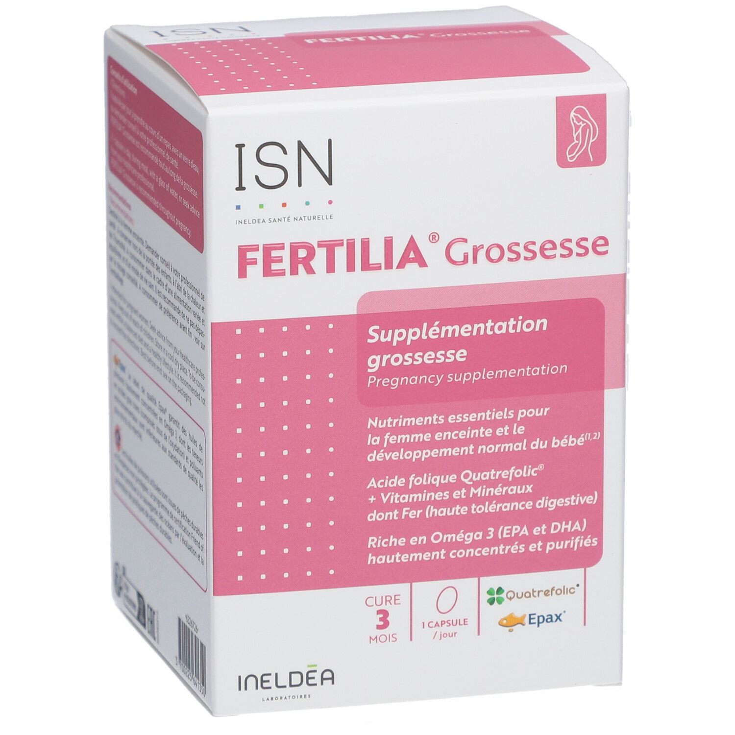 Boîte rose et blanche 'Fertilia Grossesse' de ISN. Contient des informations sur les suppléments de grossesse. Avec logo et ingrédients.