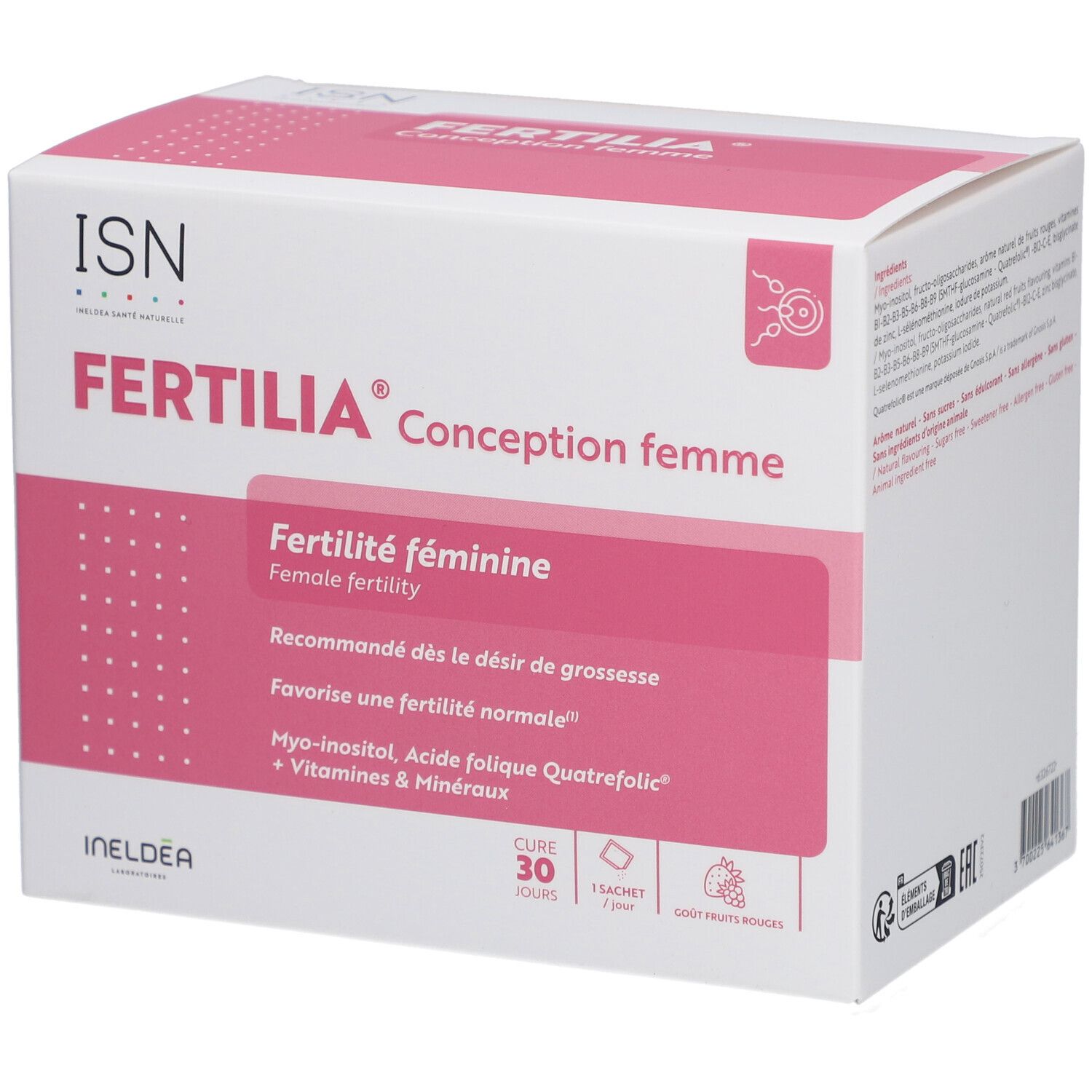 Boîte blanche et rose. Inscription FERTILIA Conception femme. Contient 30 sachets. Texte en français.